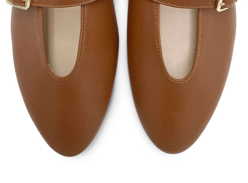 Brown leather ballet flats with V-cut and strap - Image 5