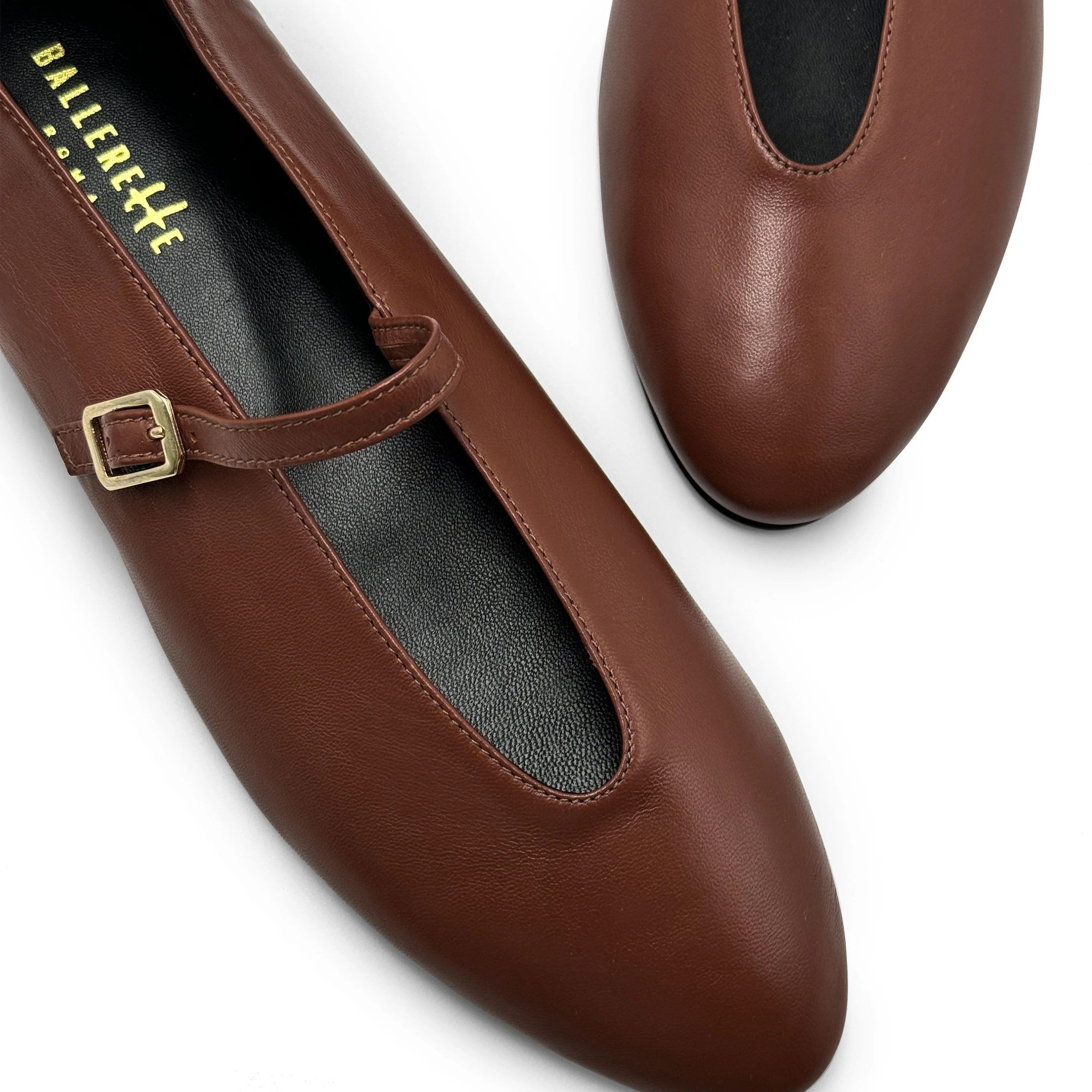 Brown leather ballet flats with V-cut and strap - Image 3