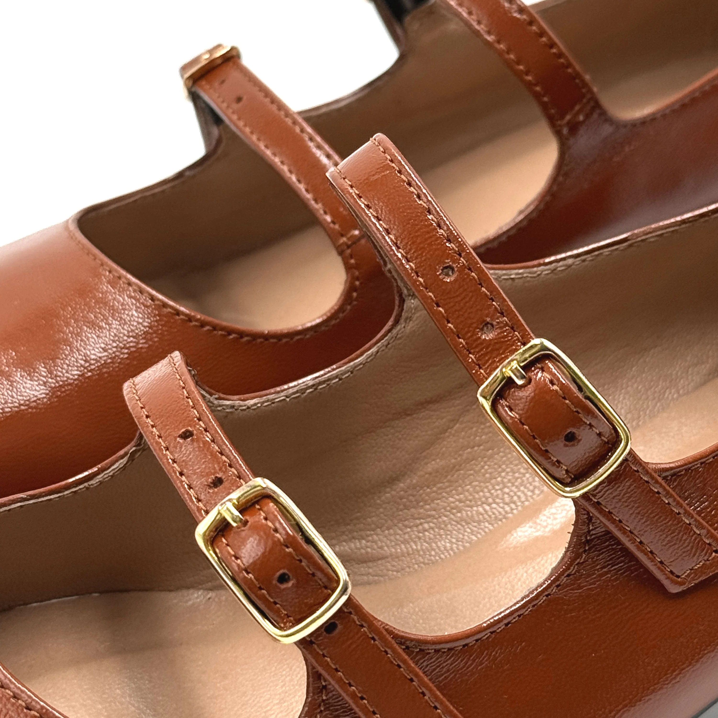 Brown shiny leather Mary Jane shoes with two straps and high heels - Image 3