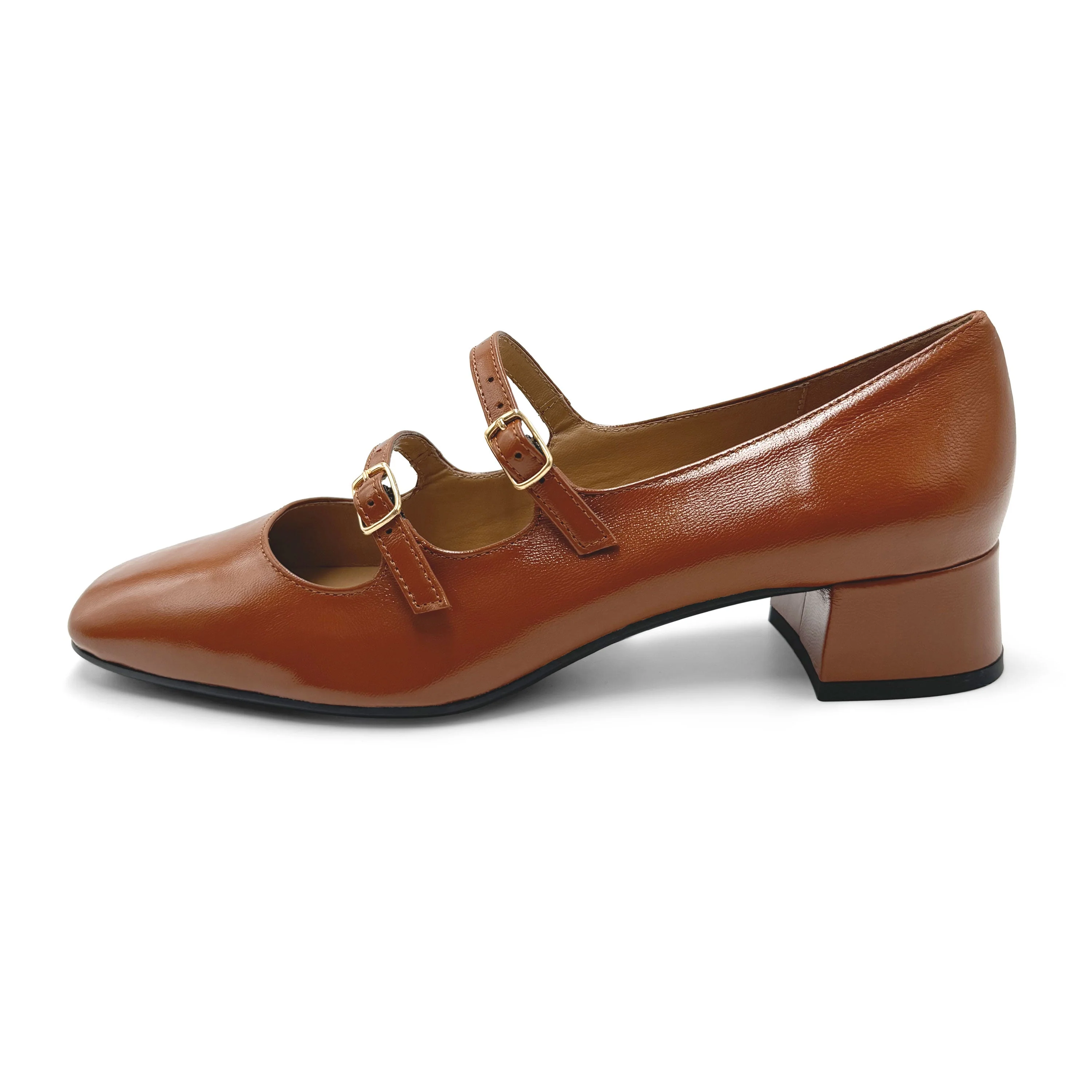 Brown shiny leather Mary Jane shoes with two straps and high heels - Image 4