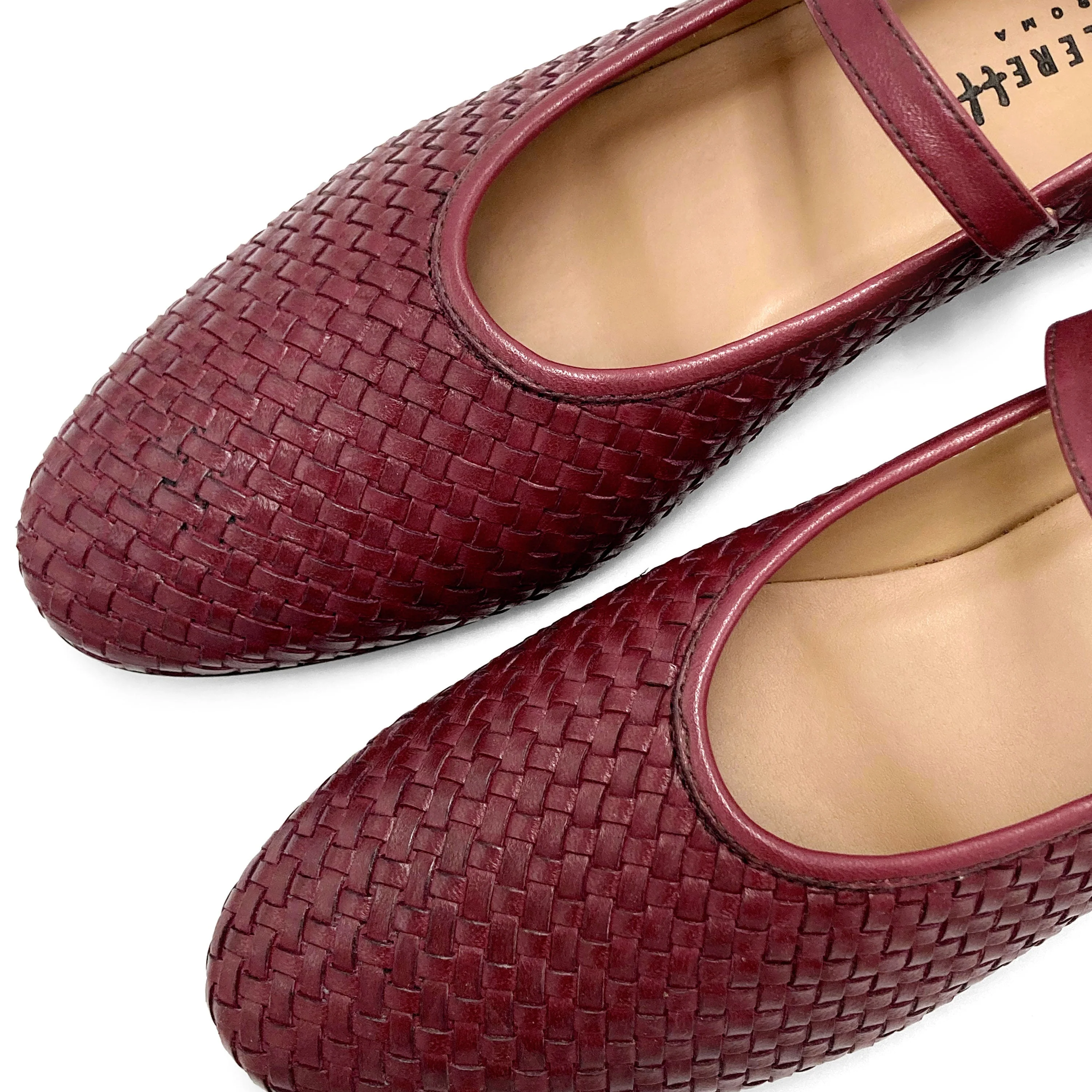 Burgundy high cut handwoven leather ballet flats with strap - Image 3