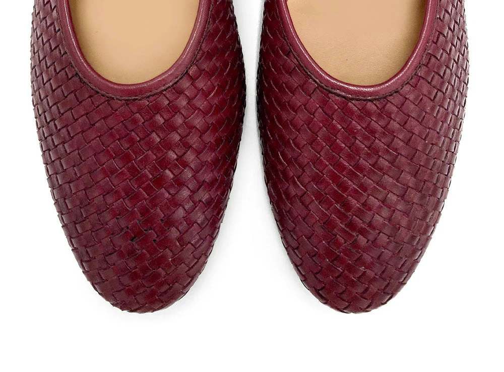 Burgundy high cut handwoven leather ballet flats with strap - Image 6