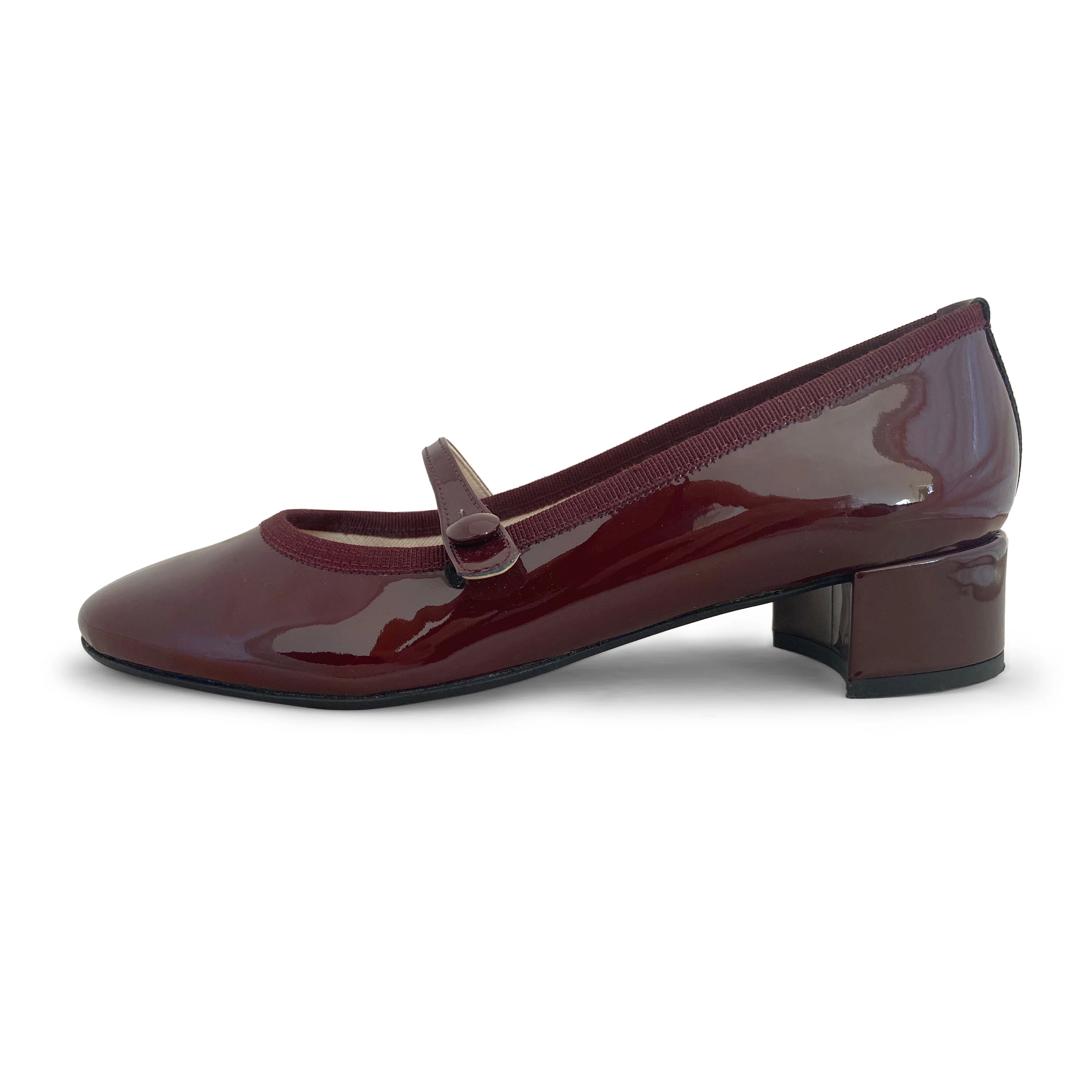 Burgundy patent leather Mary Jane ballet flats with strap and heel - Image 4