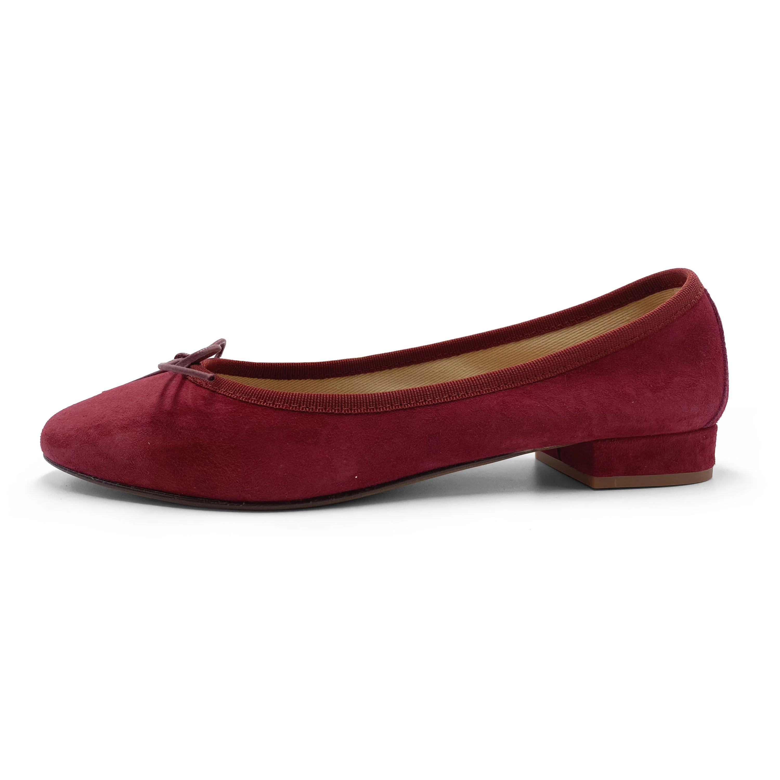 Burgundy suede little heel ballet flats, adjustable string - Image 3