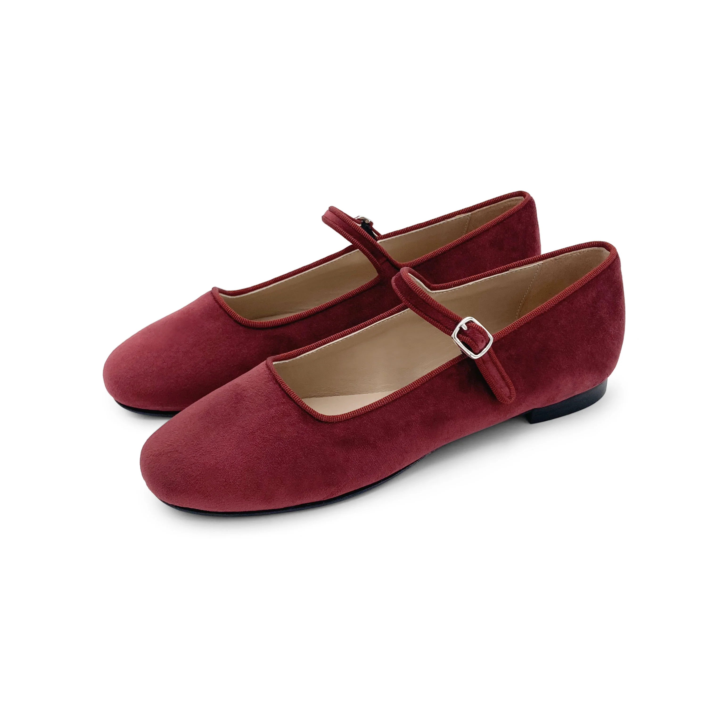 Burgundy velvet ballet flats with strap - Image 3