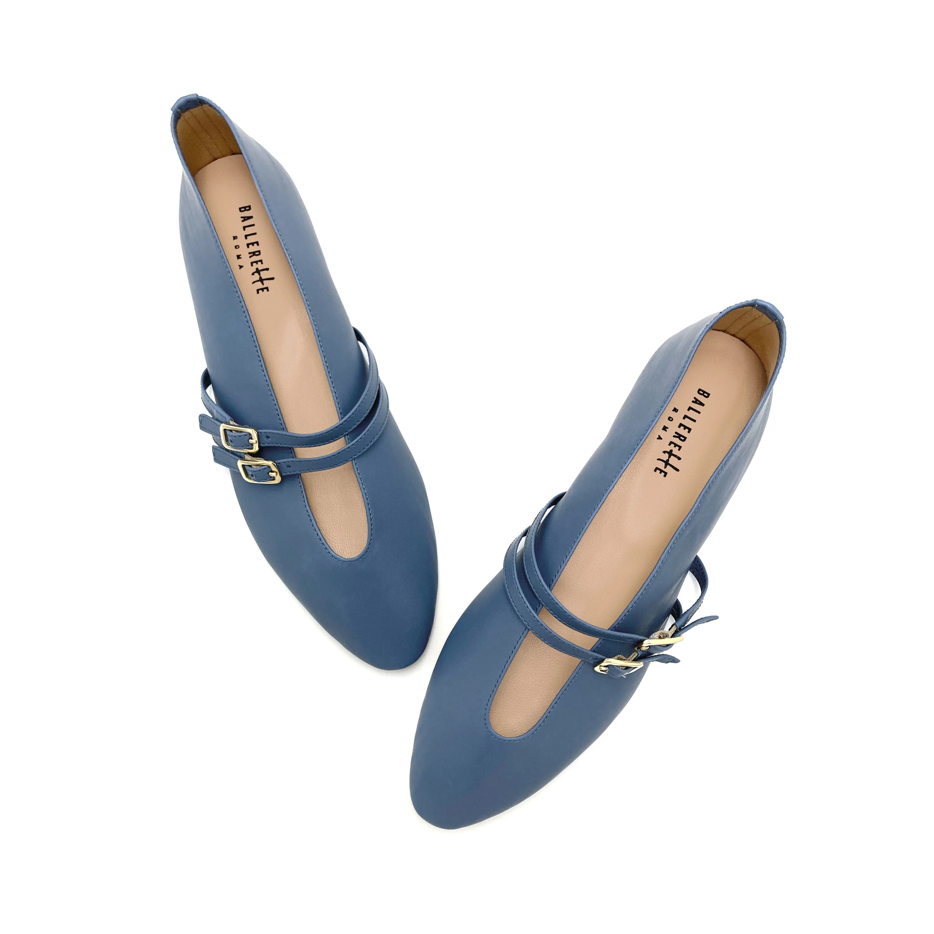Cerulean blue leather ballet flats with V cut and straps - Image 2