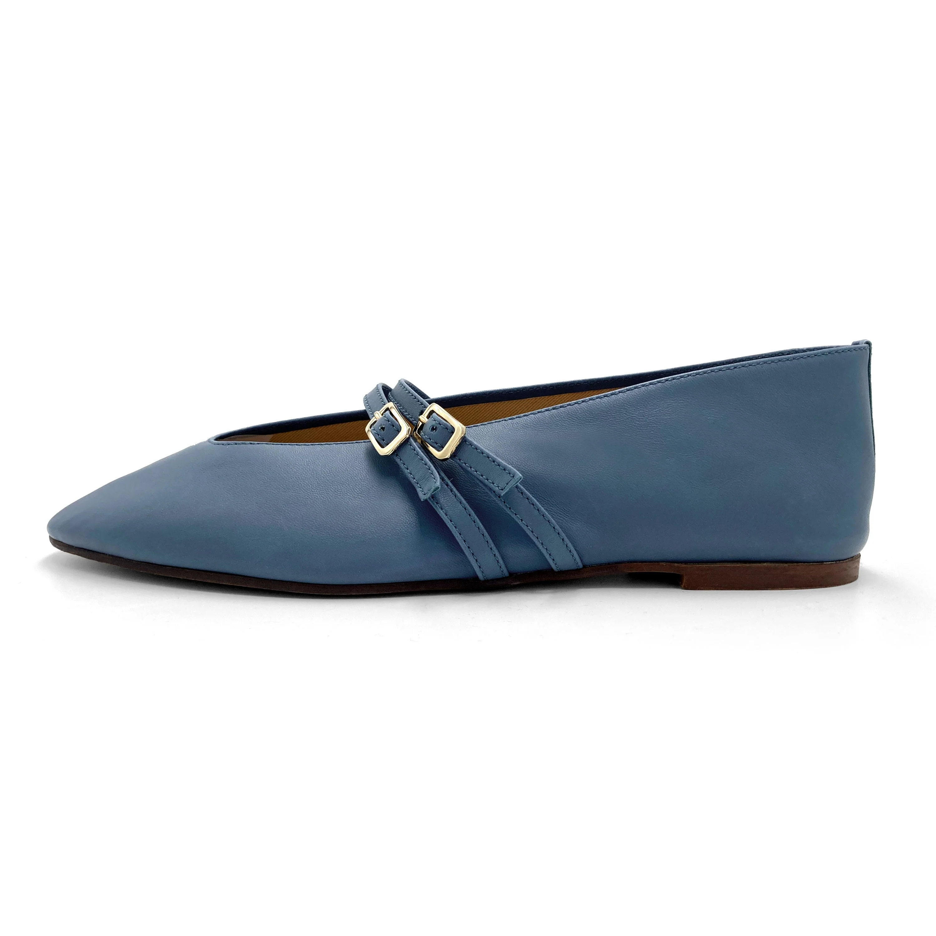 Cerulean blue leather ballet flats with V cut and straps - Image 4