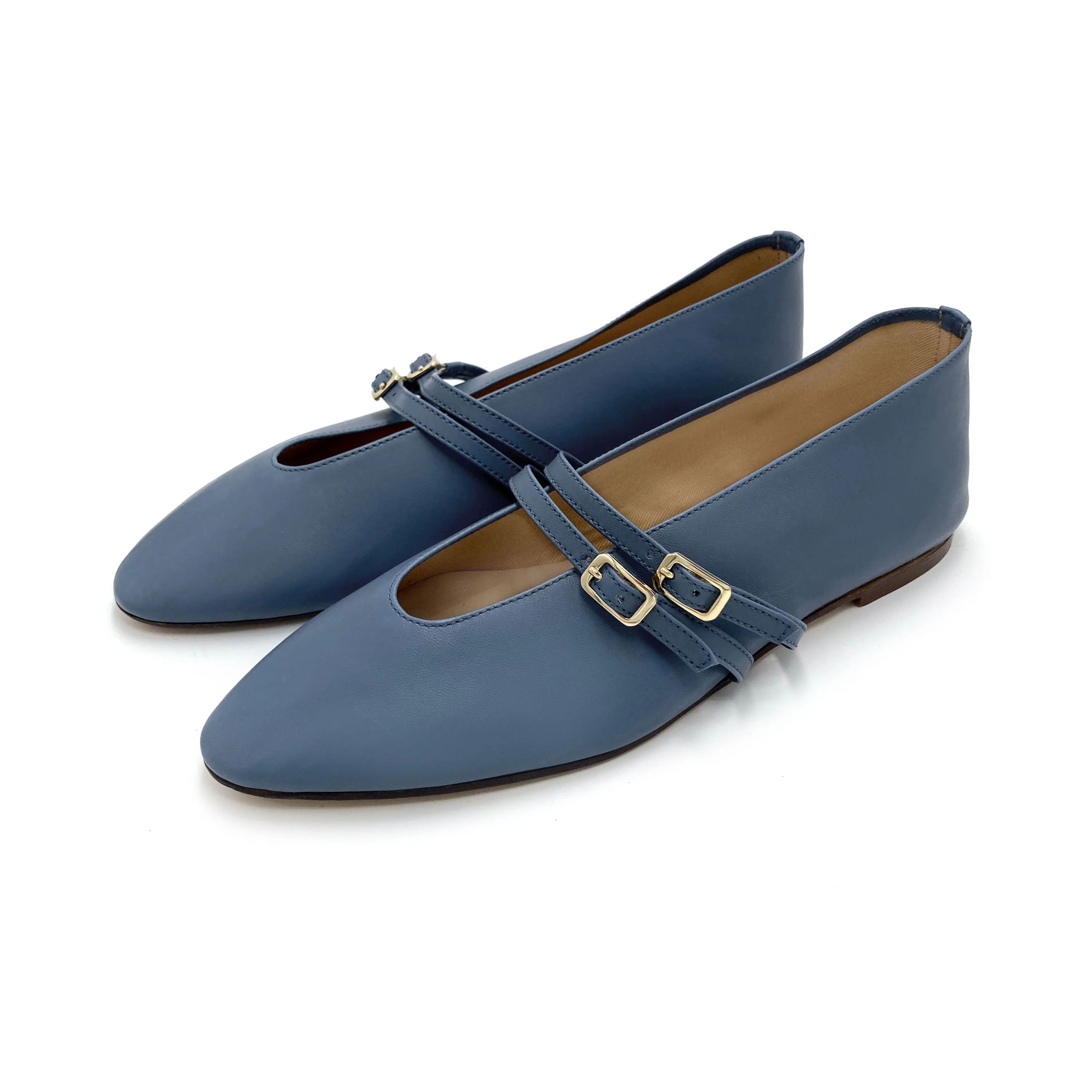 Cerulean blue leather ballet flats with V cut and straps - Image 5