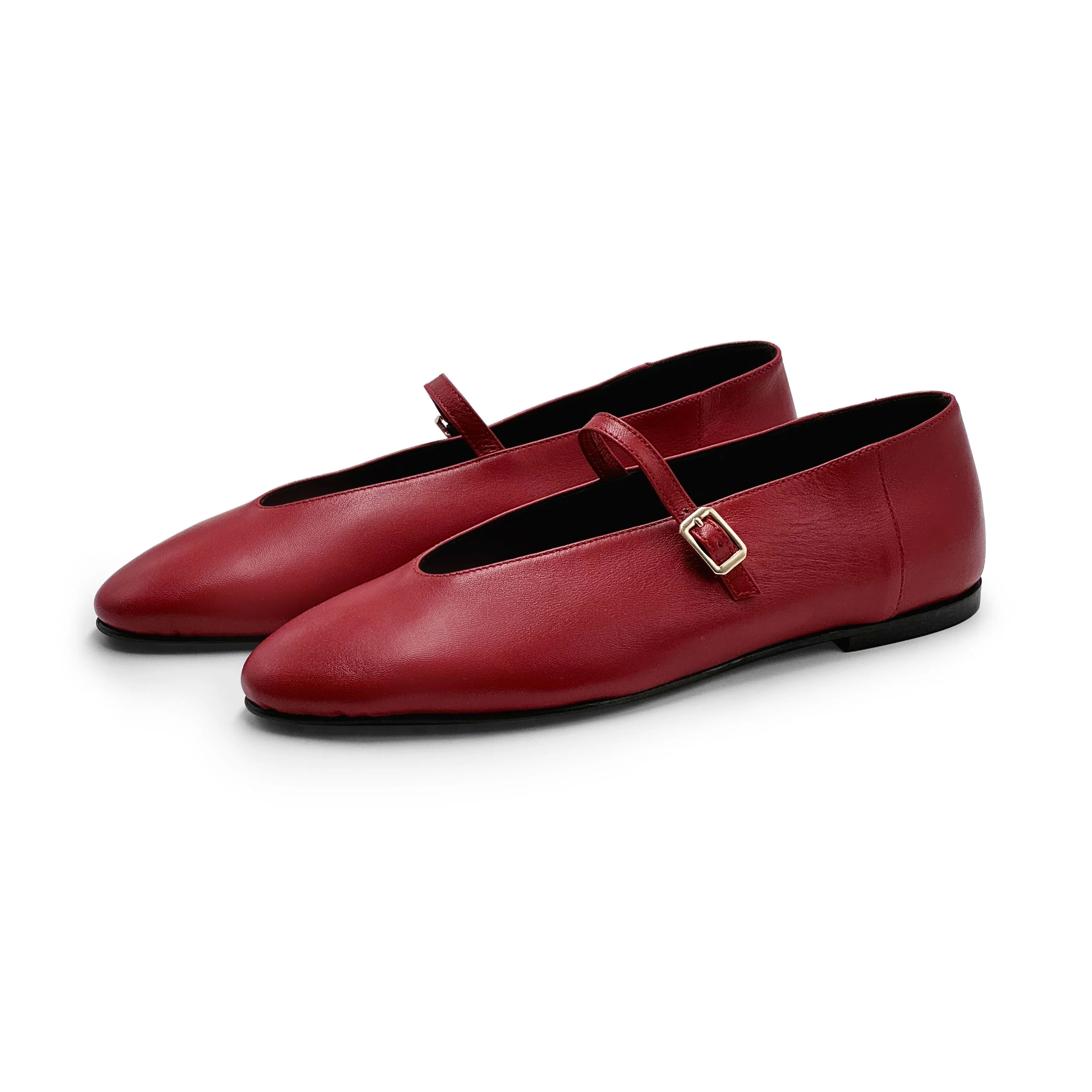 Cherry red leather ballet flats with V-cut and strap - Image 3