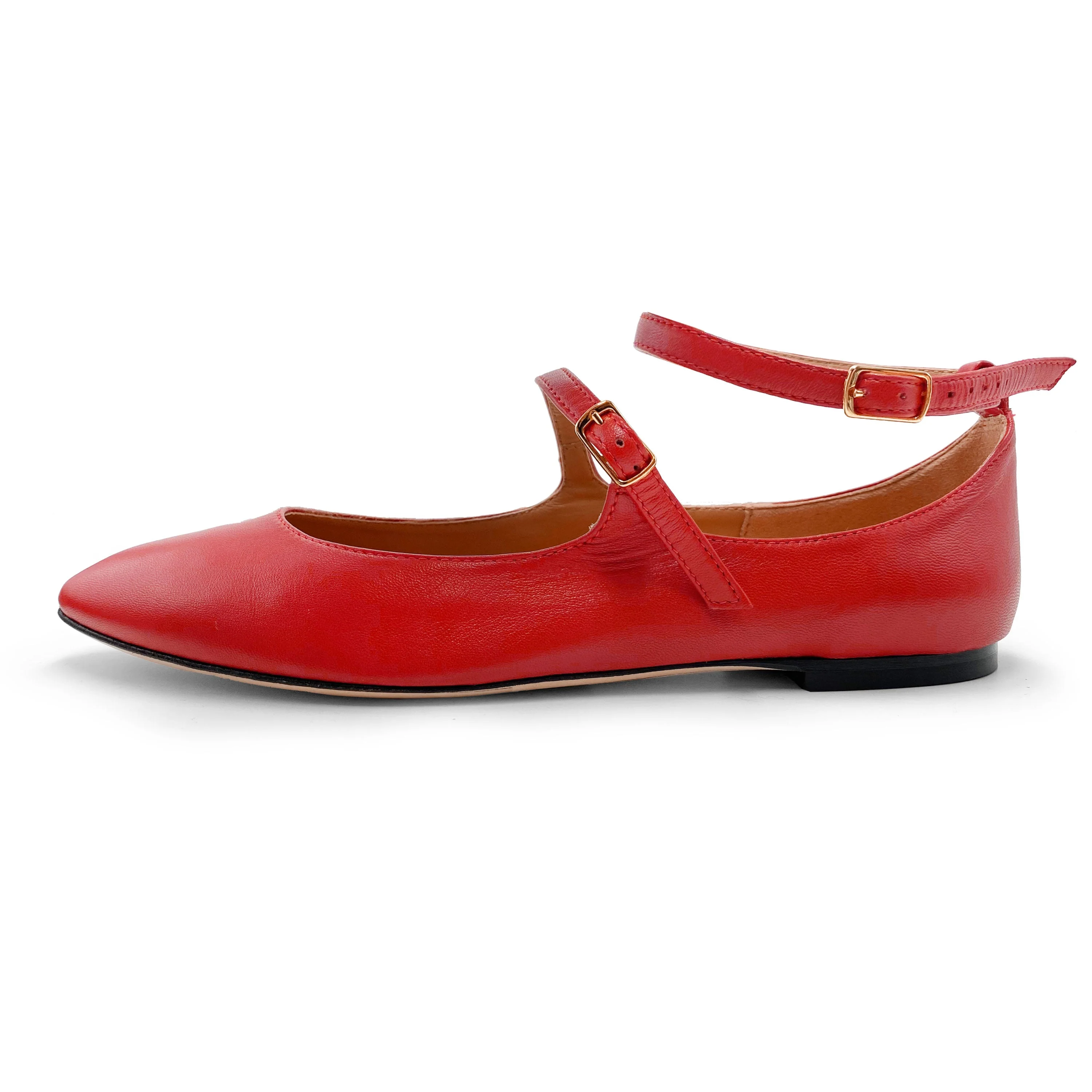 Coral red Mary Jane ballet flats with straps - Image 4