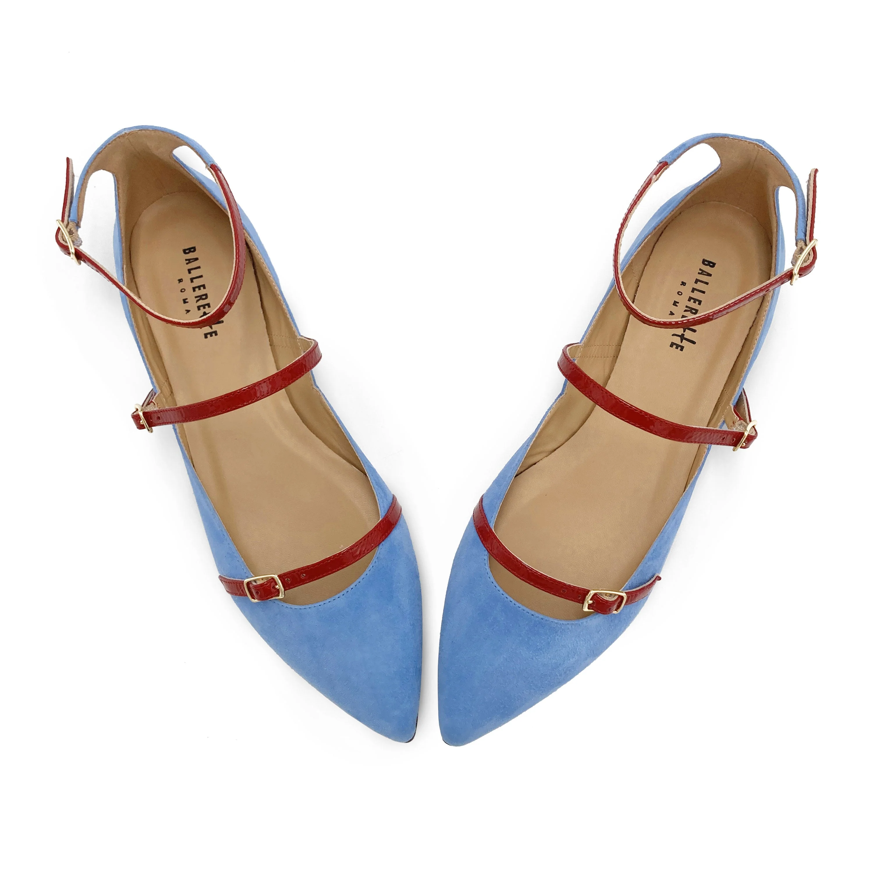 Denim blue suede pointed ballet flats with red straps - Image 2