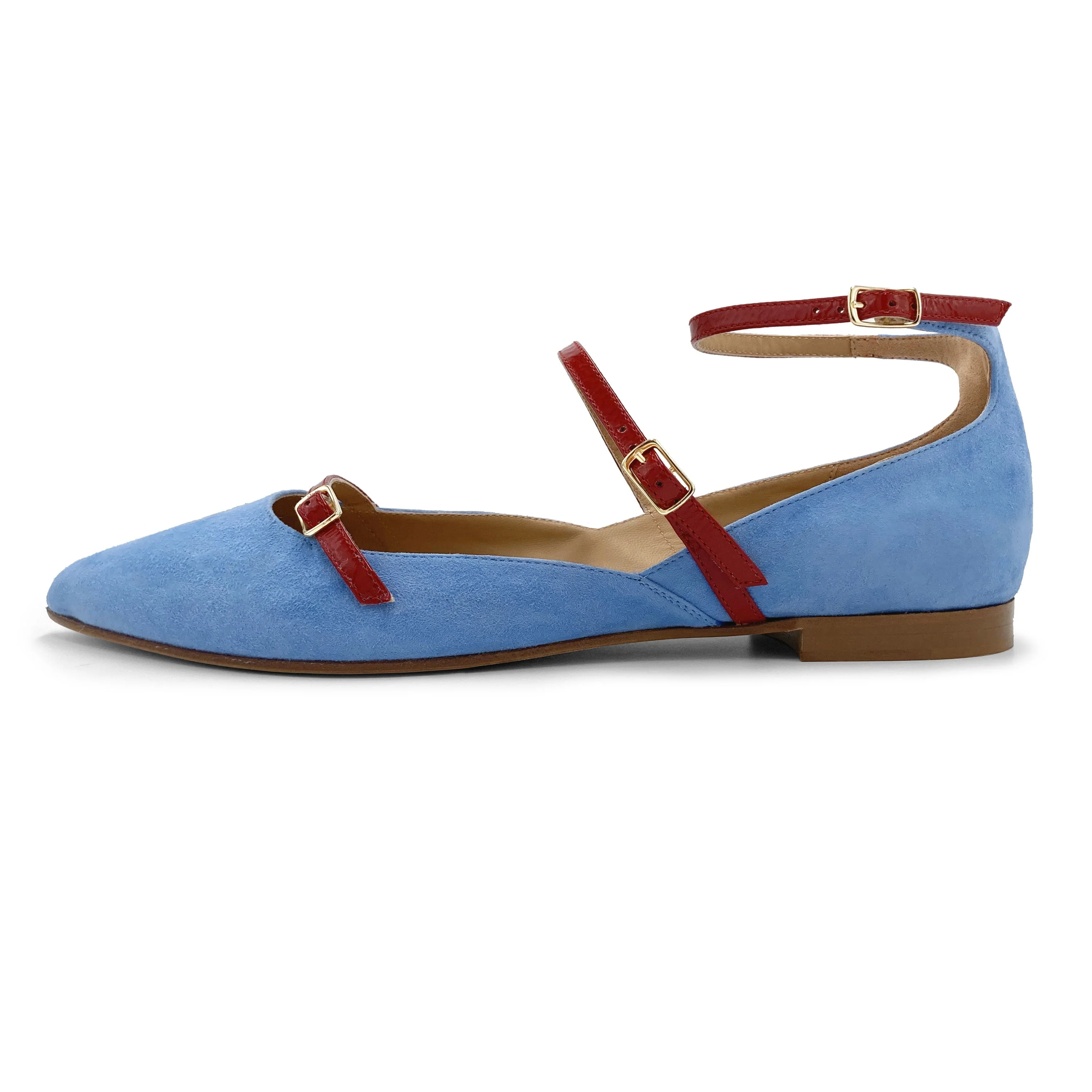 Denim blue suede pointed ballet flats with red straps - Image 4
