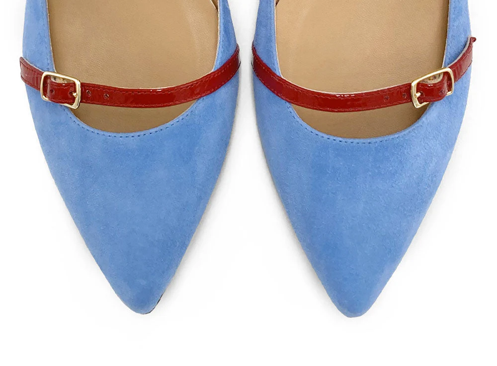 Denim blue suede pointed ballet flats with red straps - Image 5