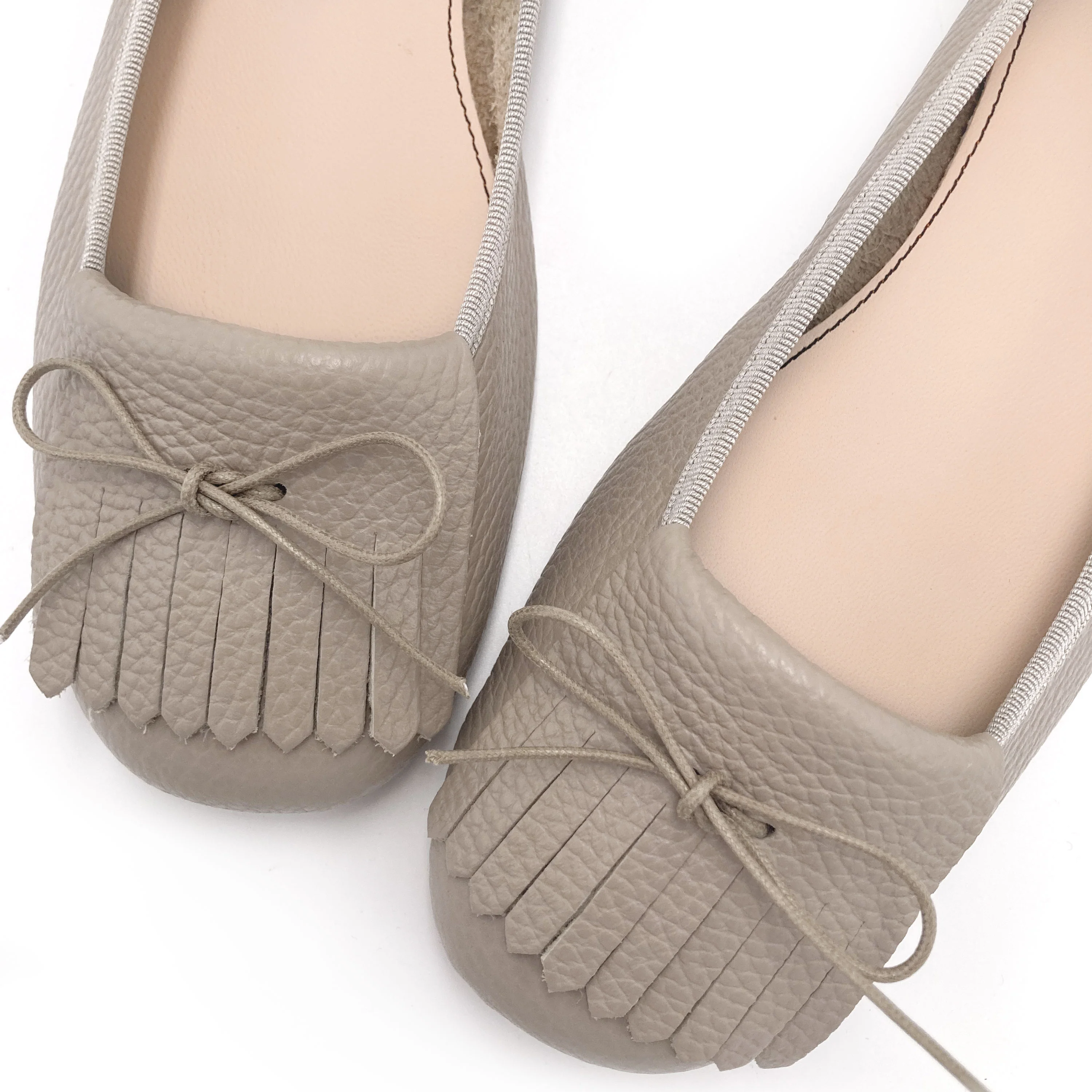 Dove Grey Leather Moccasins with Fringes - Image 3