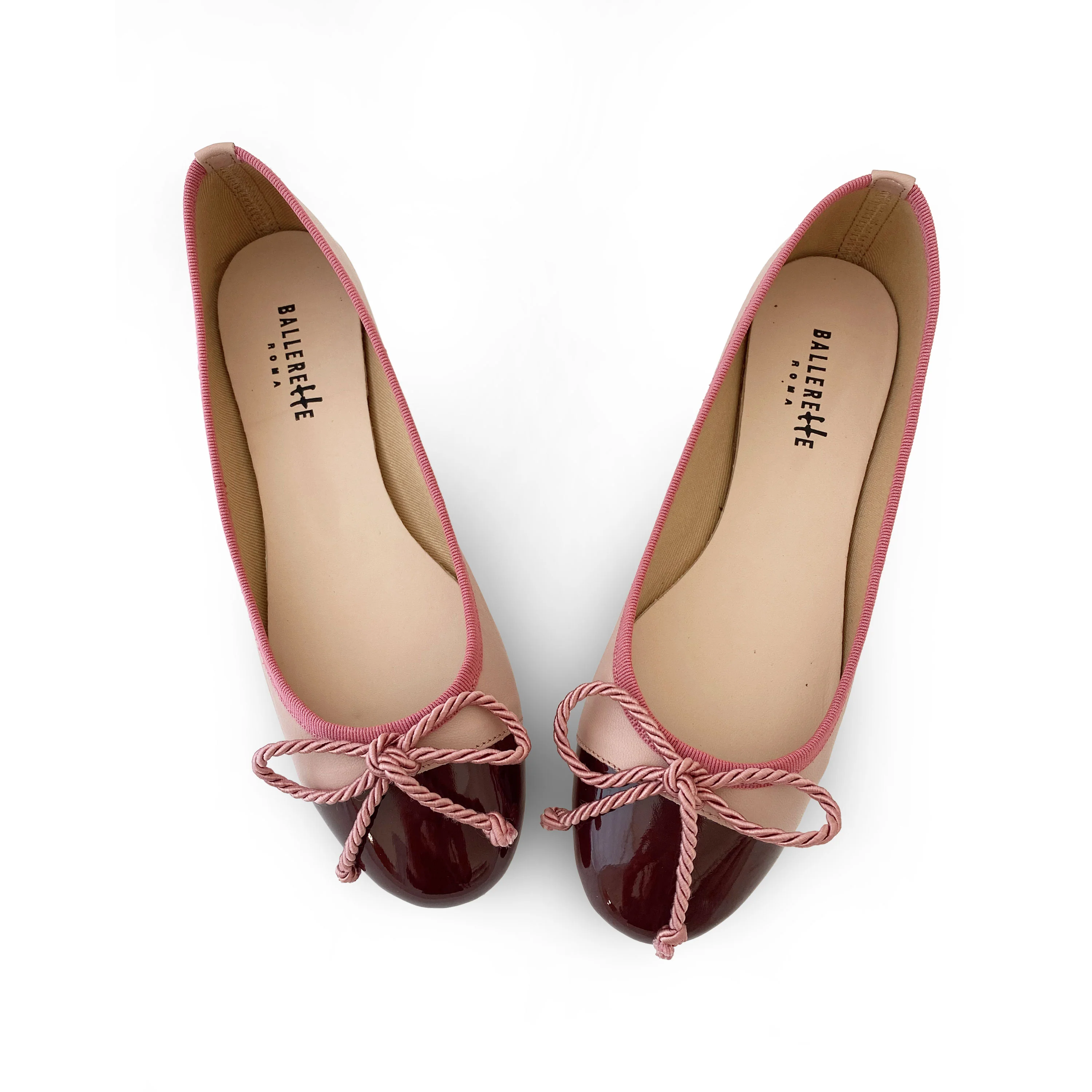 Dusty pink leather ballet flats with bordeaux toe and pink bow - Image 2
