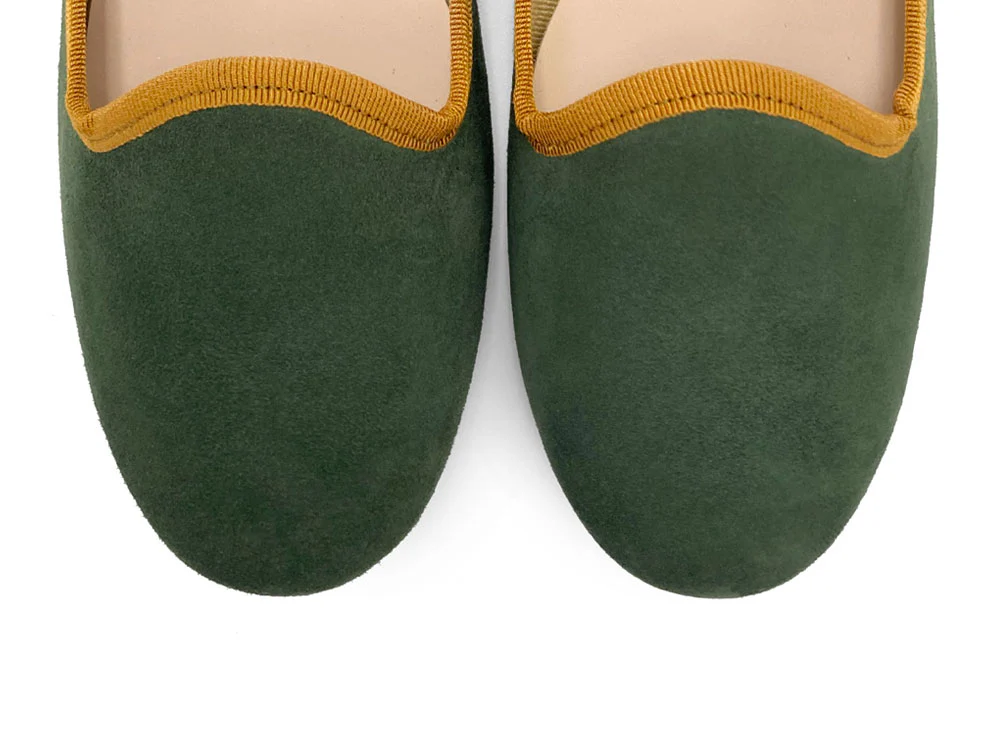 Forest green suede loafers with amber yellow details - Image 5