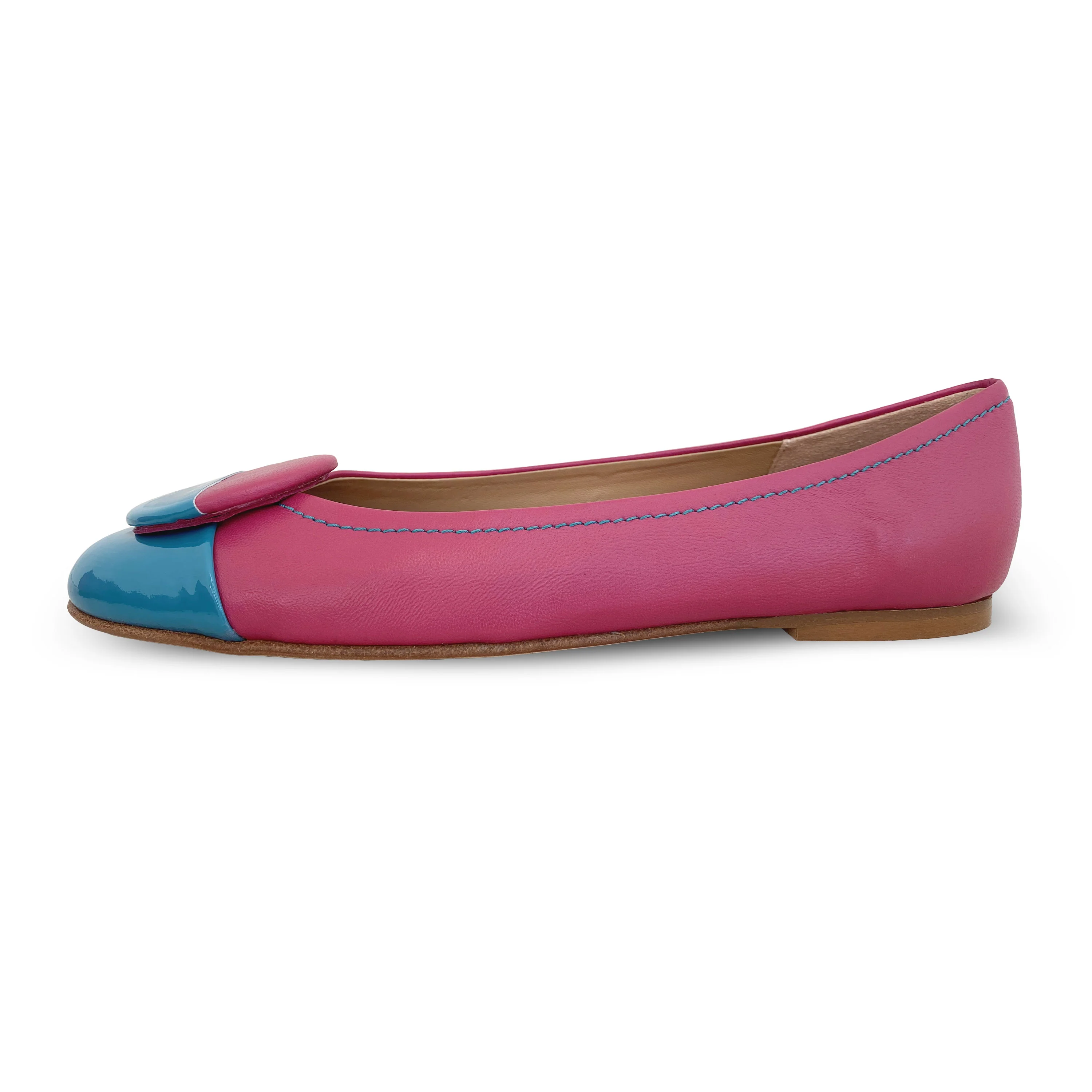 Fuchsia leather ballet flats with teal patent leather toe and stud - Image 3