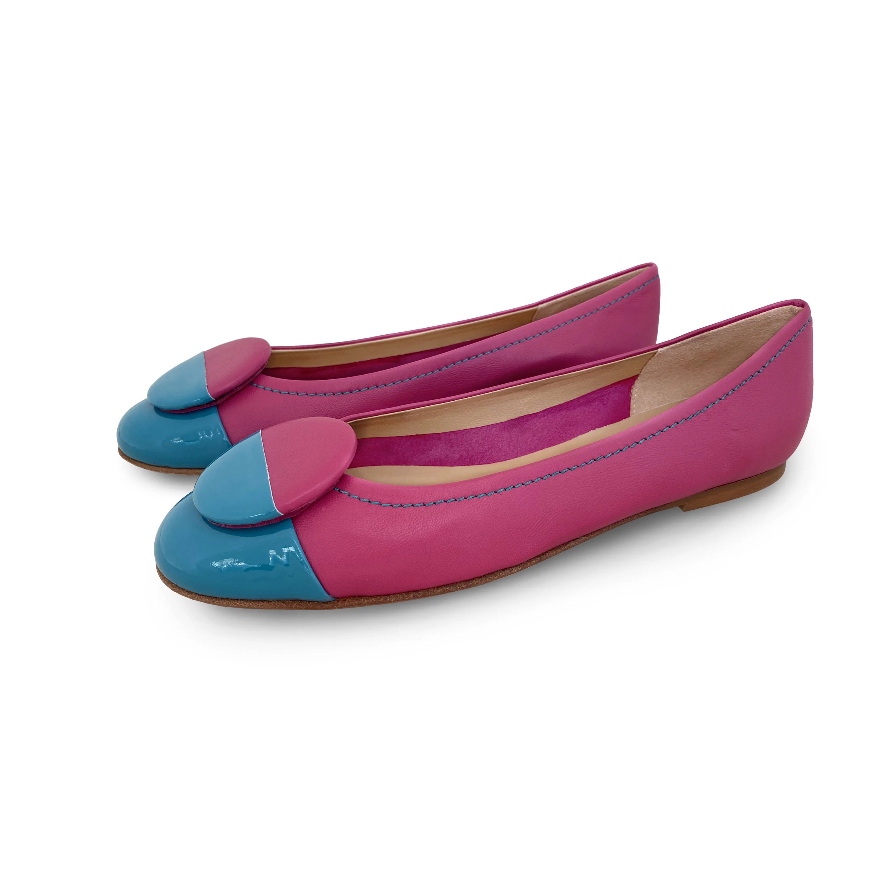 Fuchsia leather ballet flats with teal patent leather toe and stud - Image 4