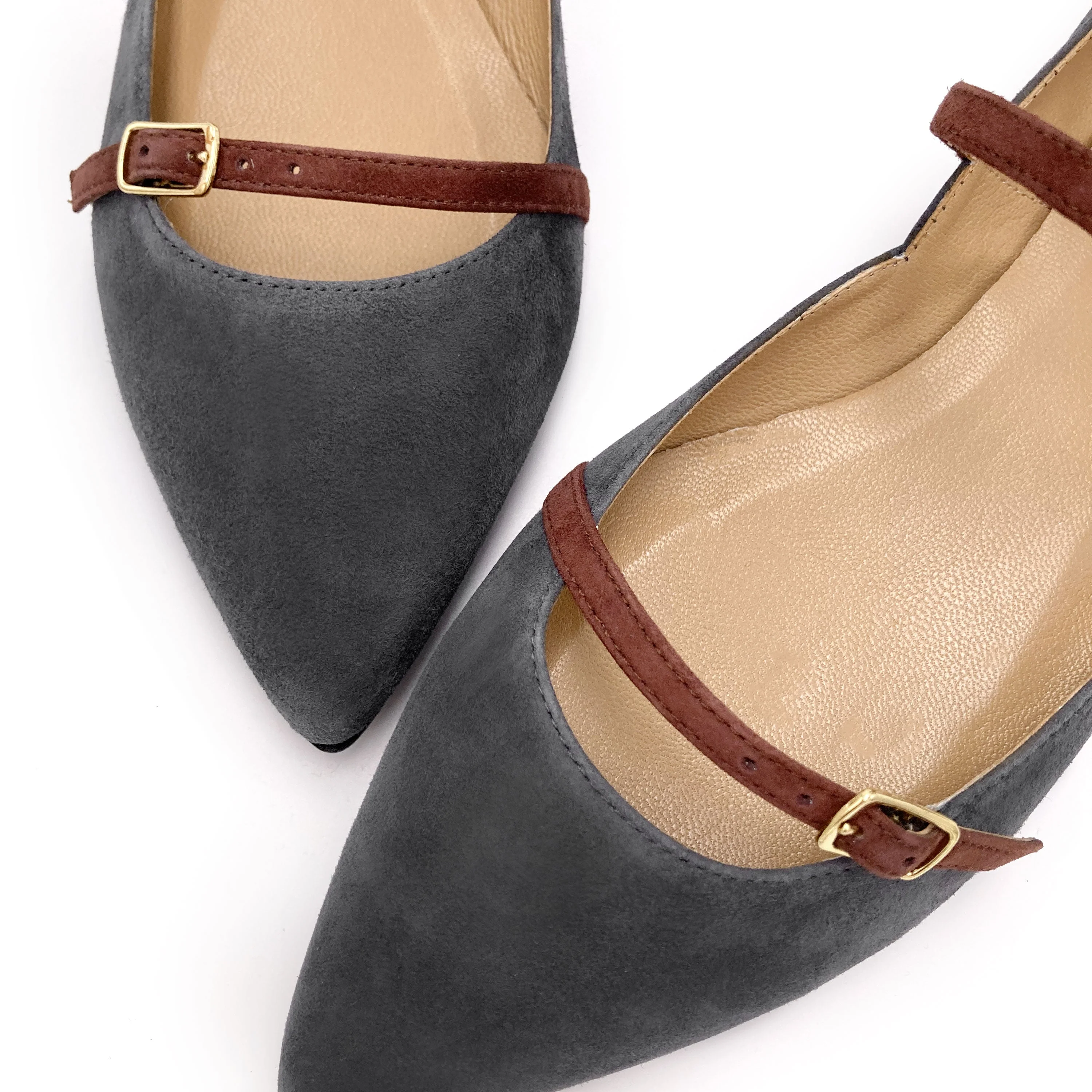 Gray suede pointed ballet flats with chestnut straps - Image 4