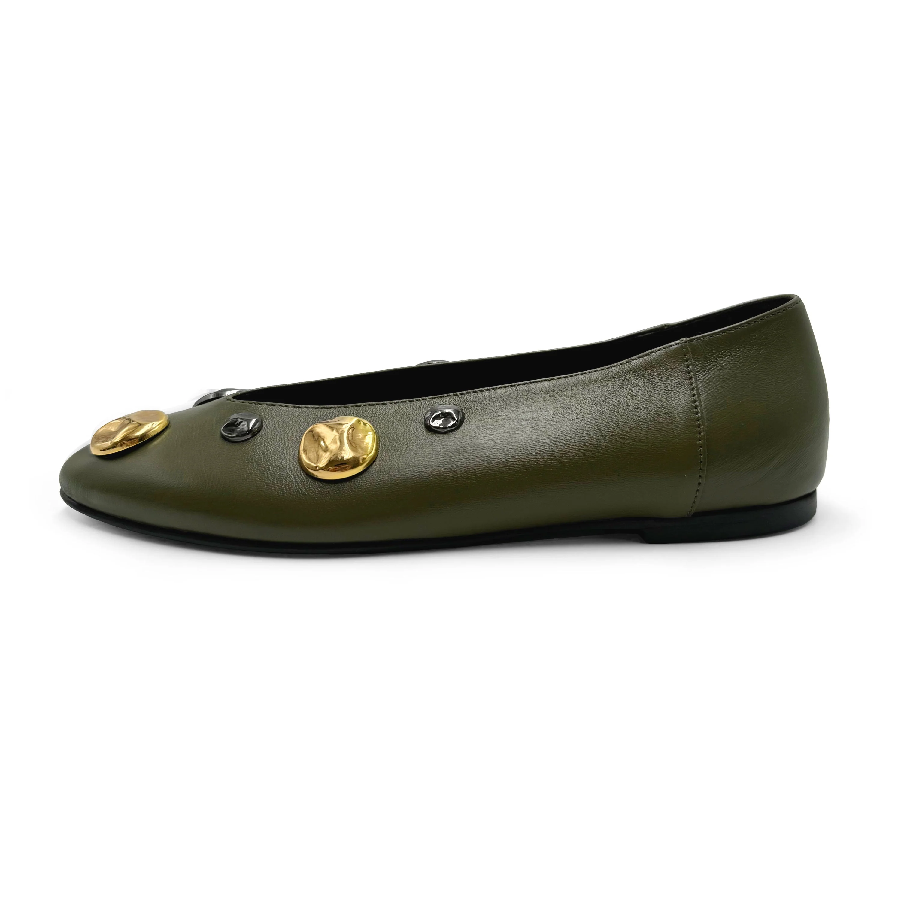 Green leather ballet flats with V-cut, iron and gold studs - Image 3