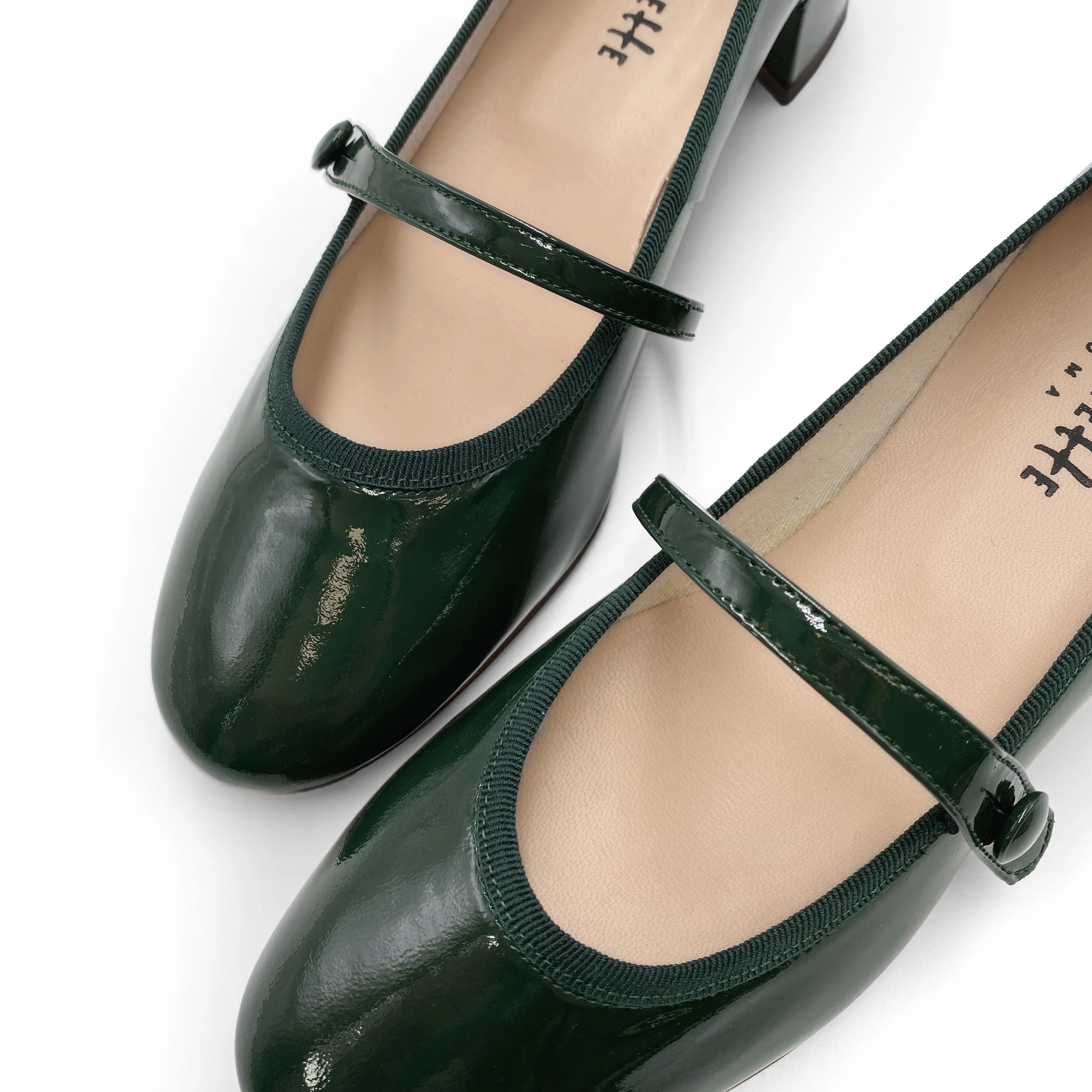 Green patent leather ballet flats with strap and heel - Image 3