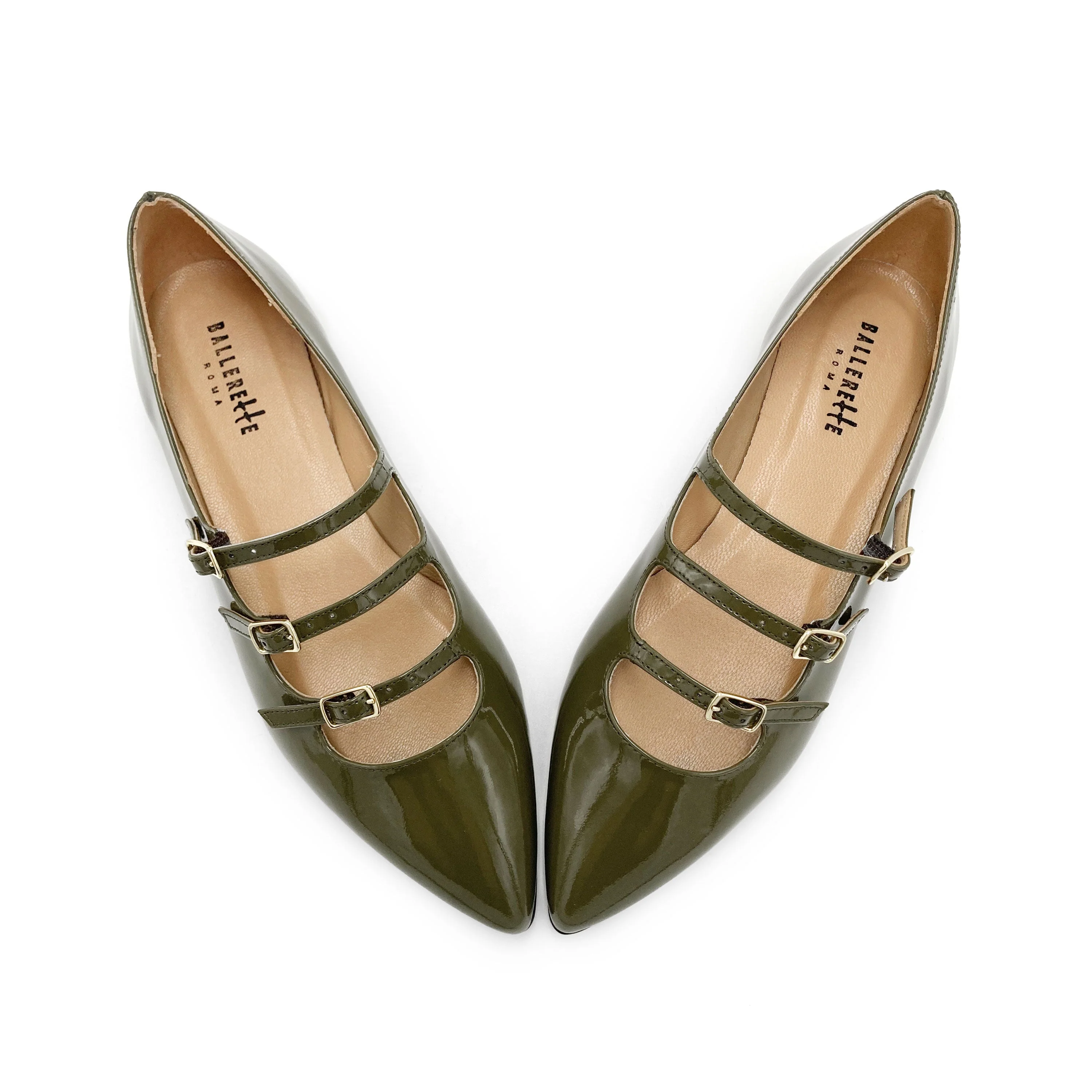 Green shiny pointed ballet flats with three straps - Image 2