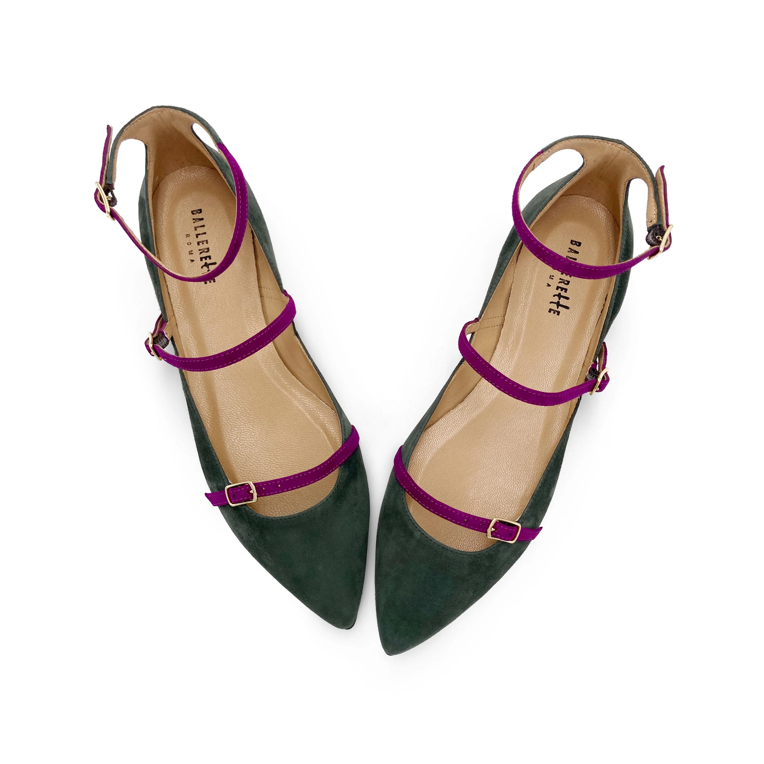 Green suede pointed ballet flats with peony straps - Image 2