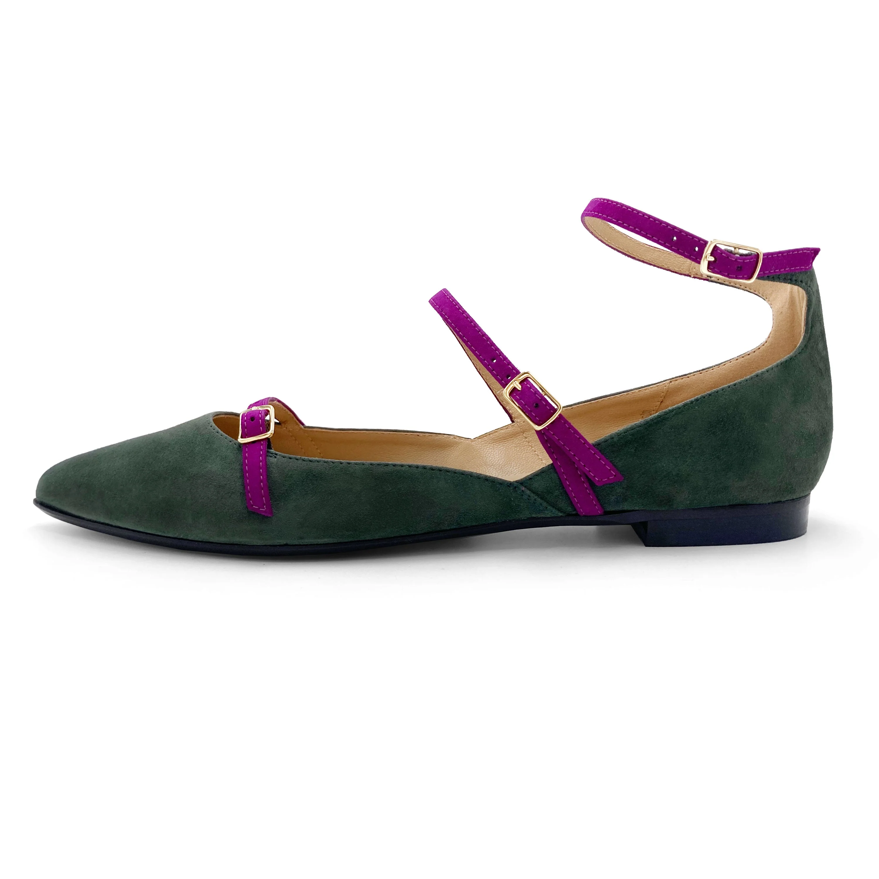 Green suede pointed ballet flats with peony straps - Image 3