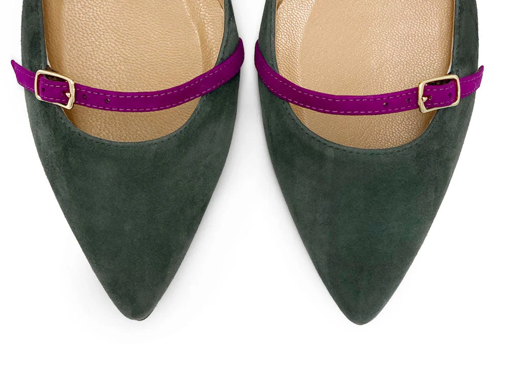 Green suede pointed ballet flats with peony straps - Image 5