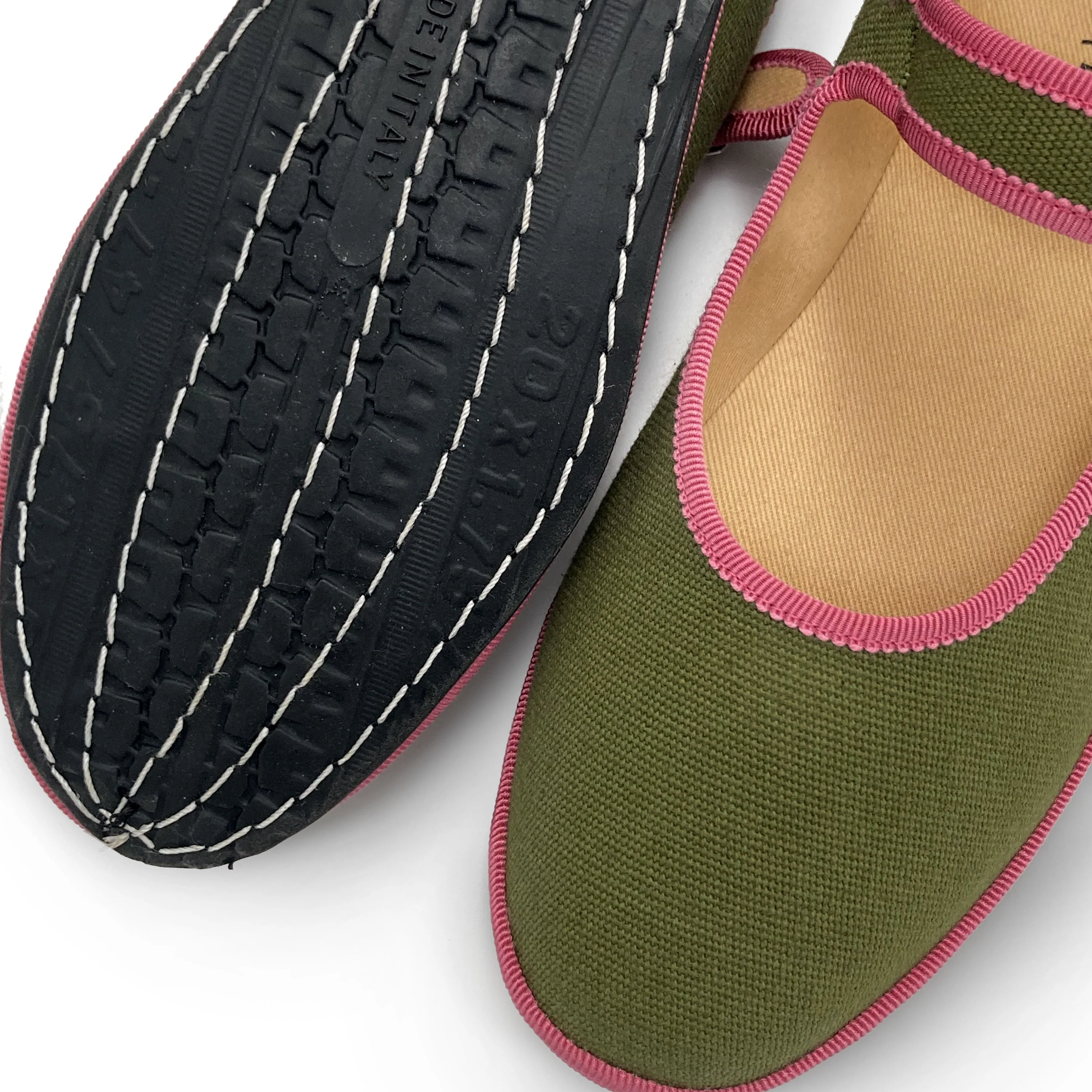 Olive green cotton Mary Jane friulane with peony pink details - Image 3