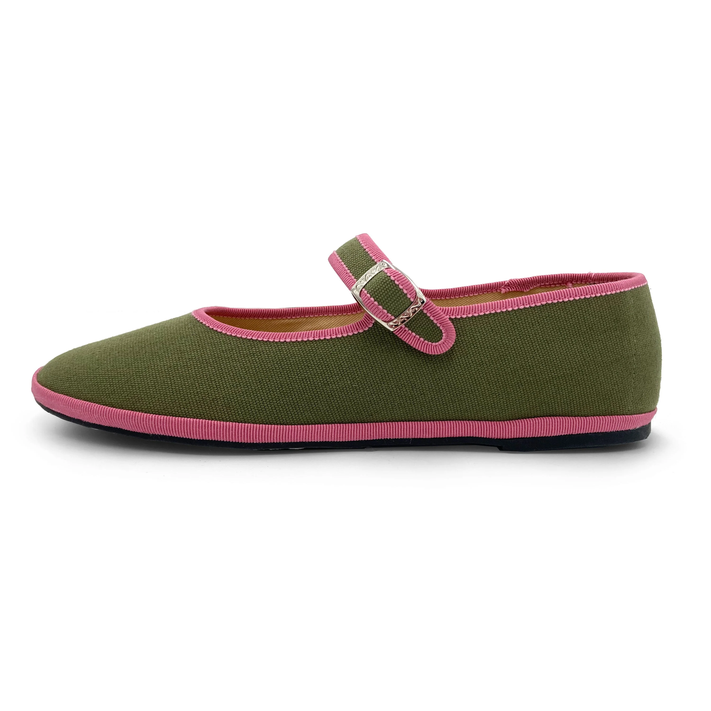 Olive green cotton Mary Jane friulane with peony pink details - Image 4