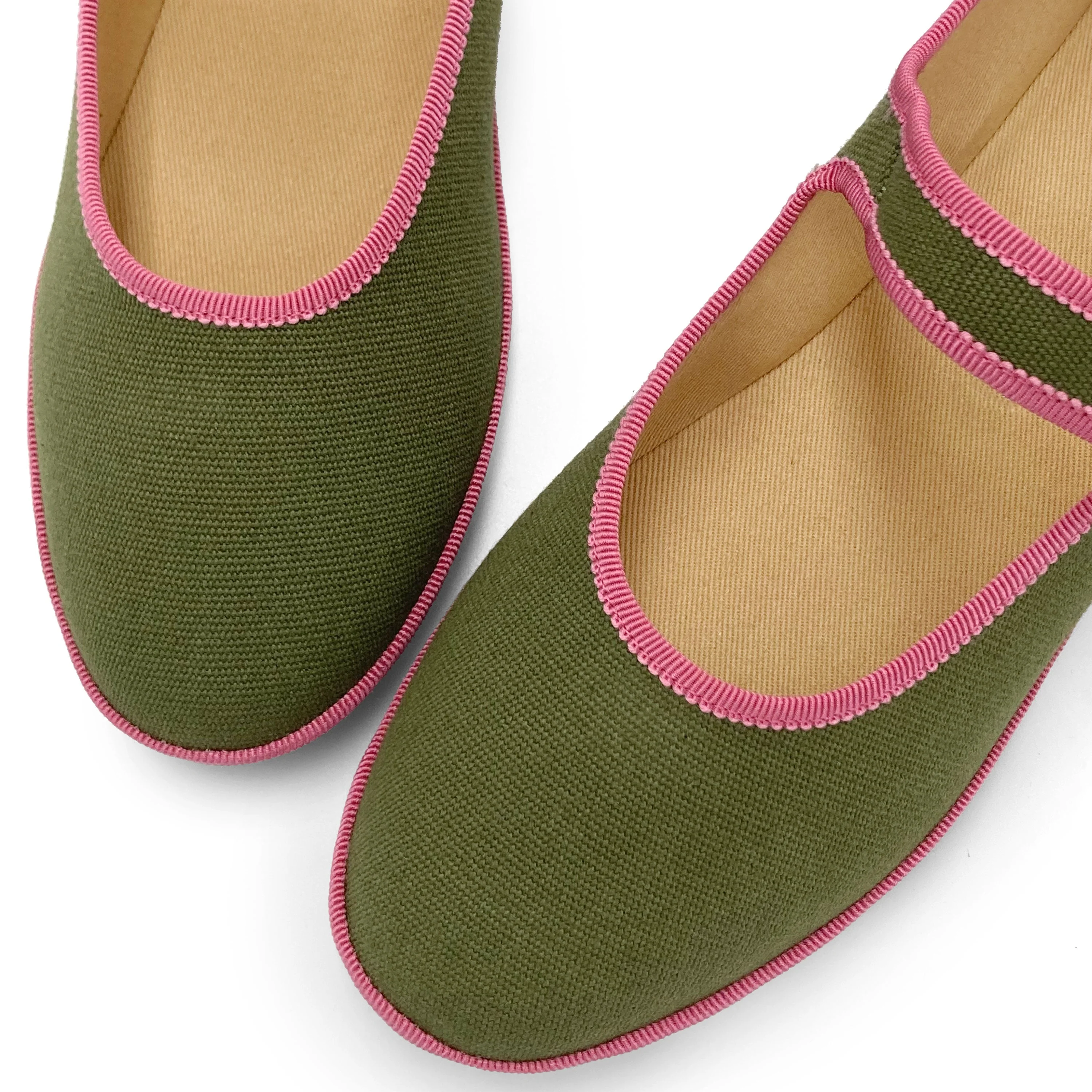 Olive green cotton Mary Jane friulane with peony pink details - Image 5