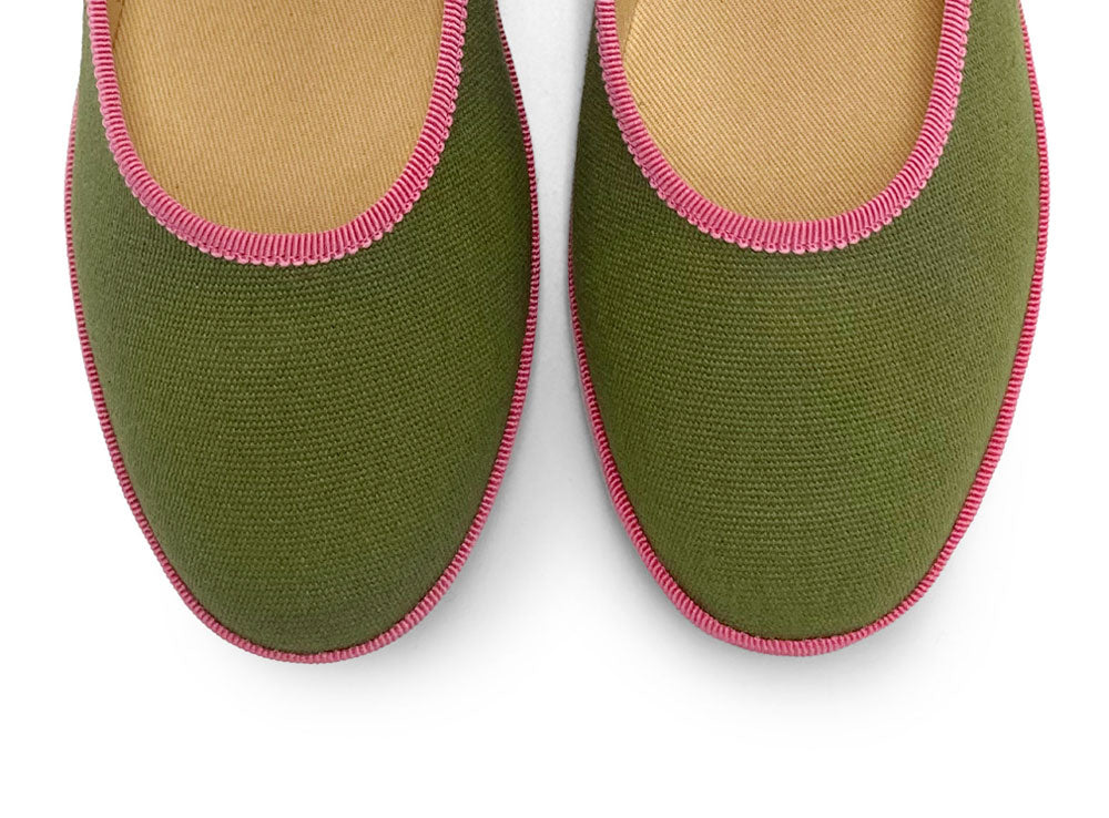 Olive green cotton Mary Jane friulane with peony pink details - Image 6