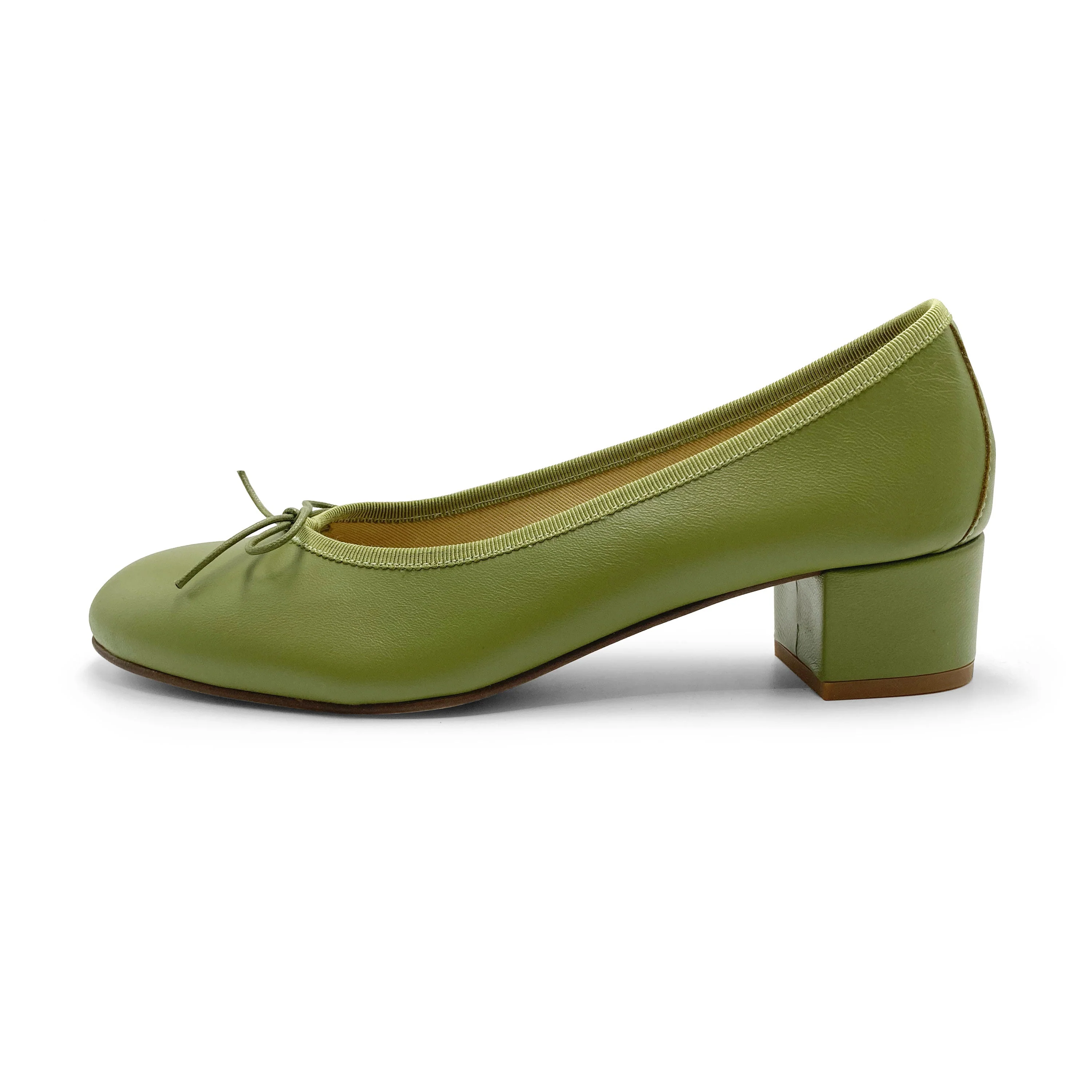 Olive green leather ballet flats with heel - Image 3