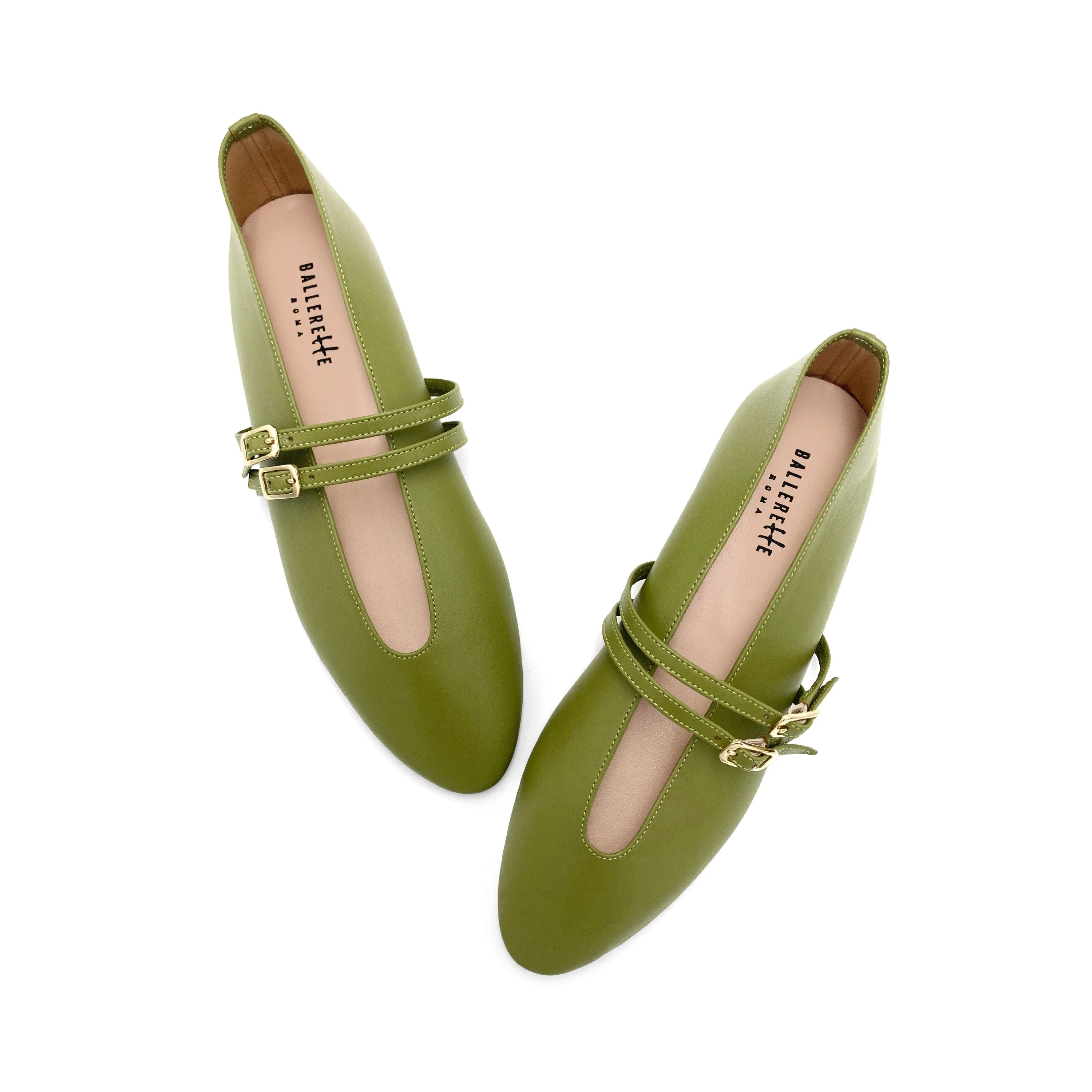 Olive green leather ballet flats with V cut and straps - Image 2