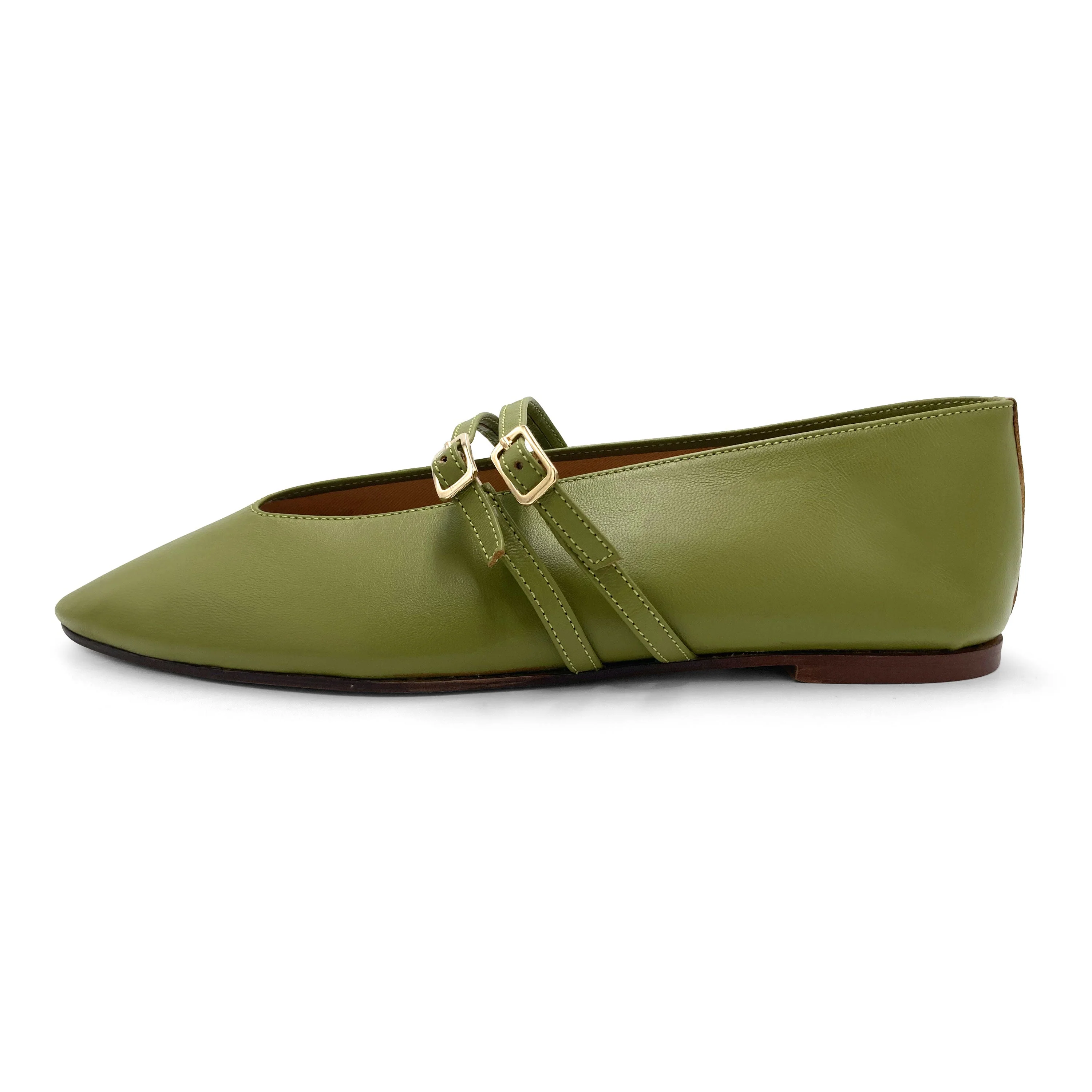 Olive green leather ballet flats with V cut and straps - Image 4