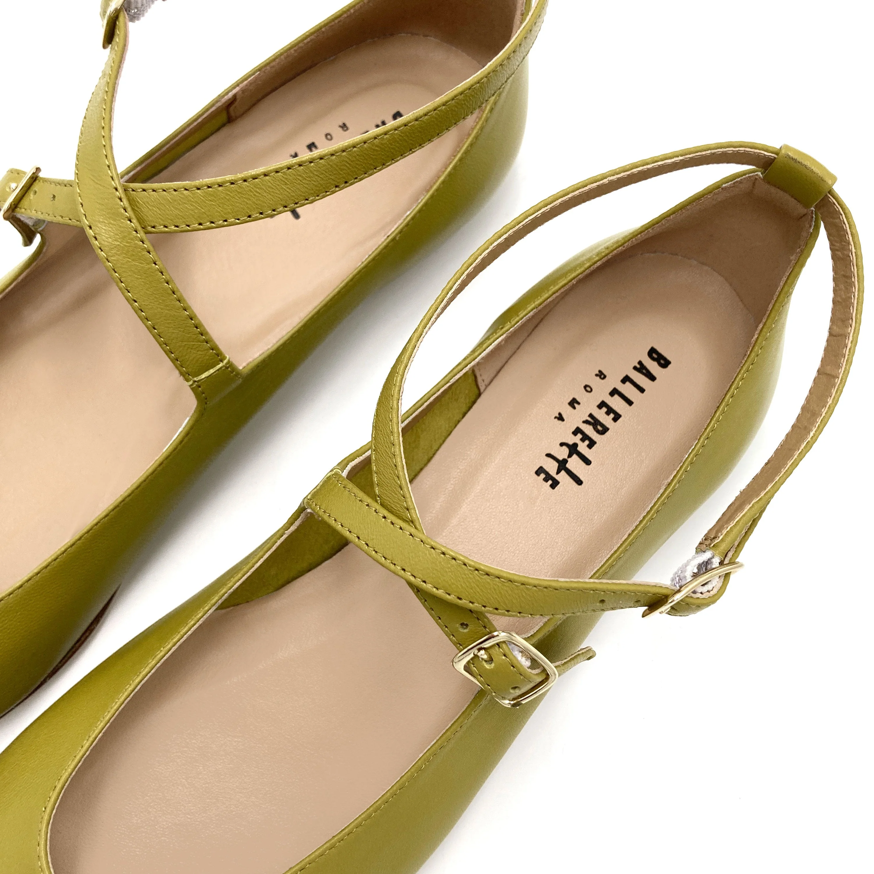 Olive green Mary Jane ballet flats with straps - Image 5