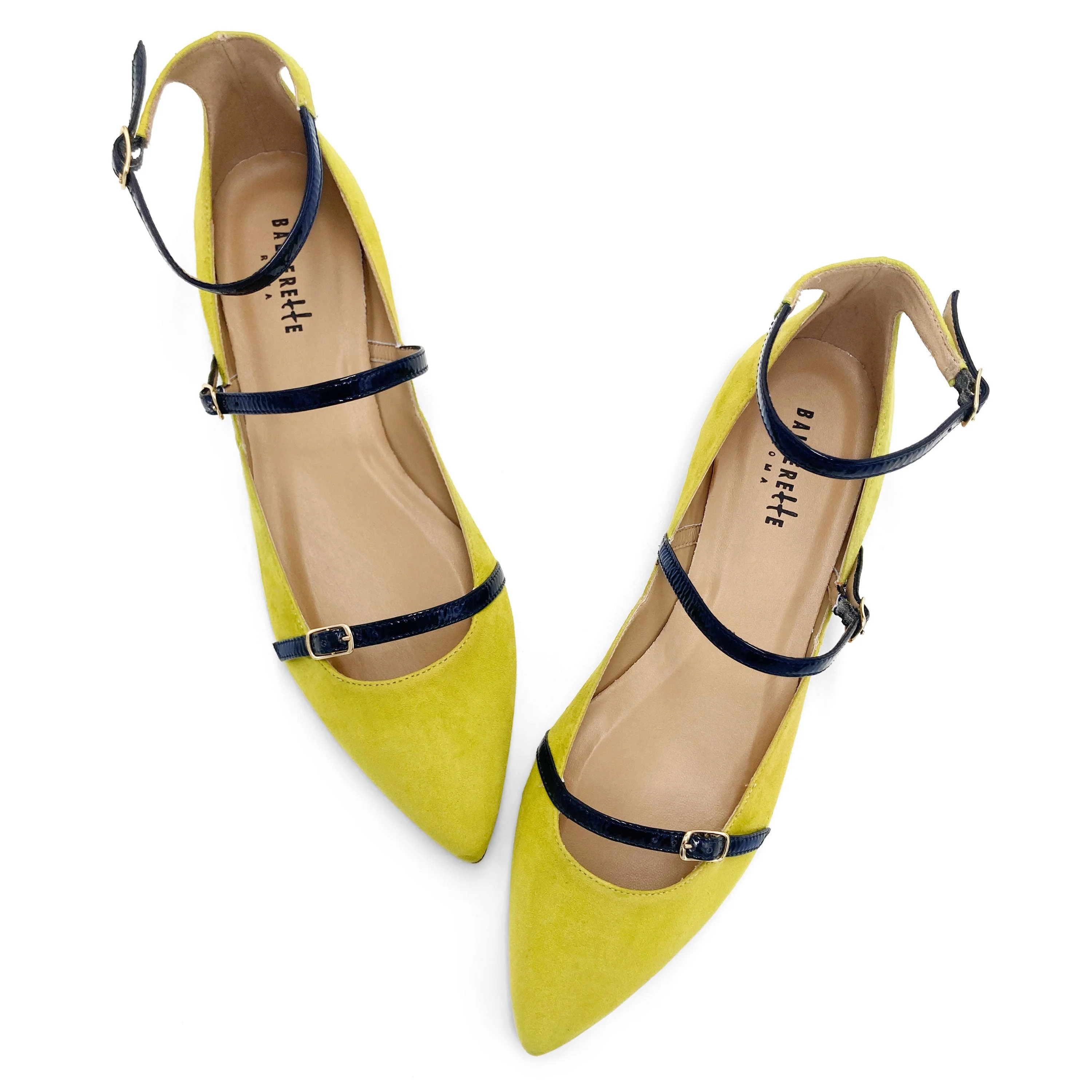 Olive green suede ballet flats with blue straps - Image 2