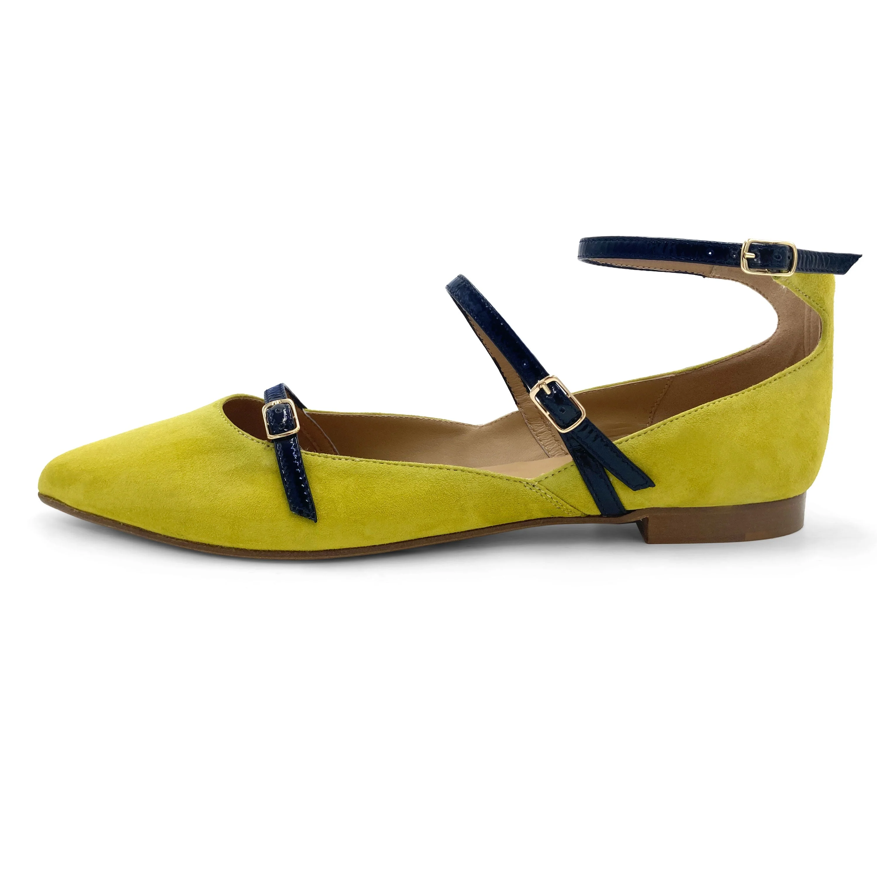 Olive green suede ballet flats with blue straps - Image 3