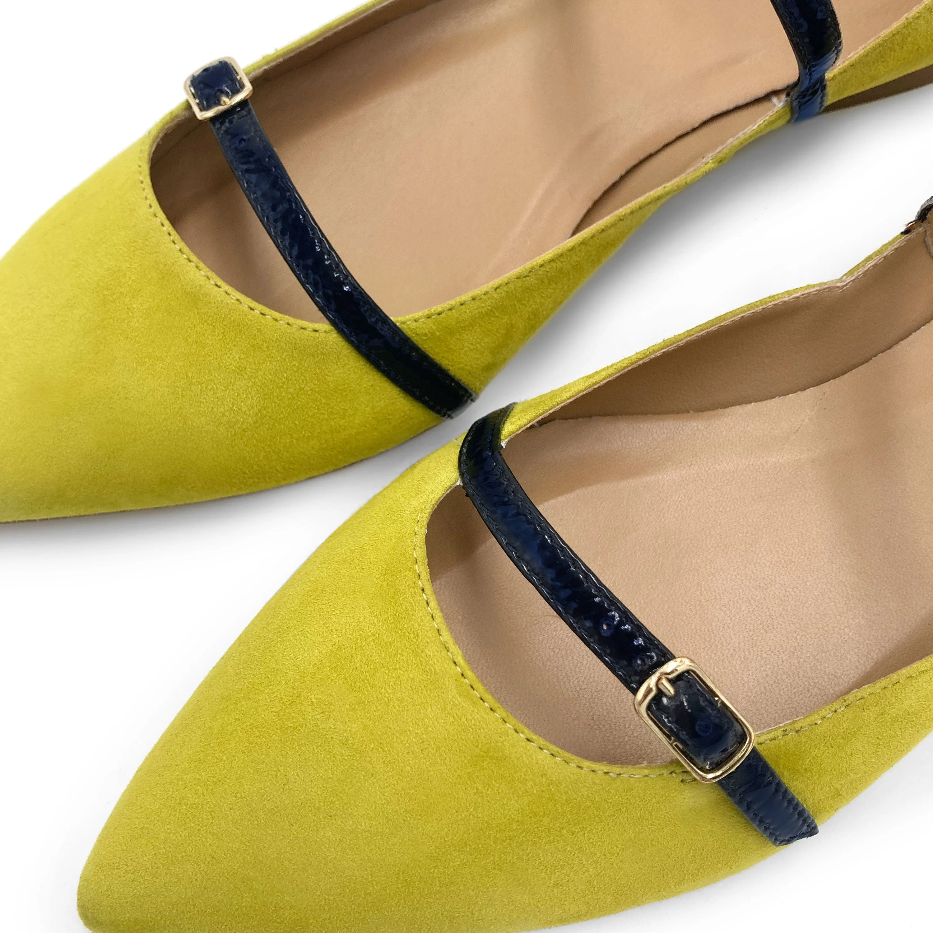 Olive green suede ballet flats with blue straps - Image 4