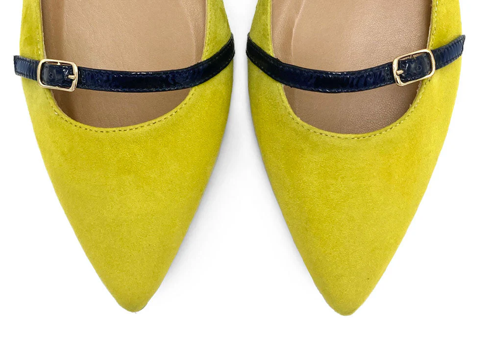 Olive green suede ballet flats with blue straps - Image 5