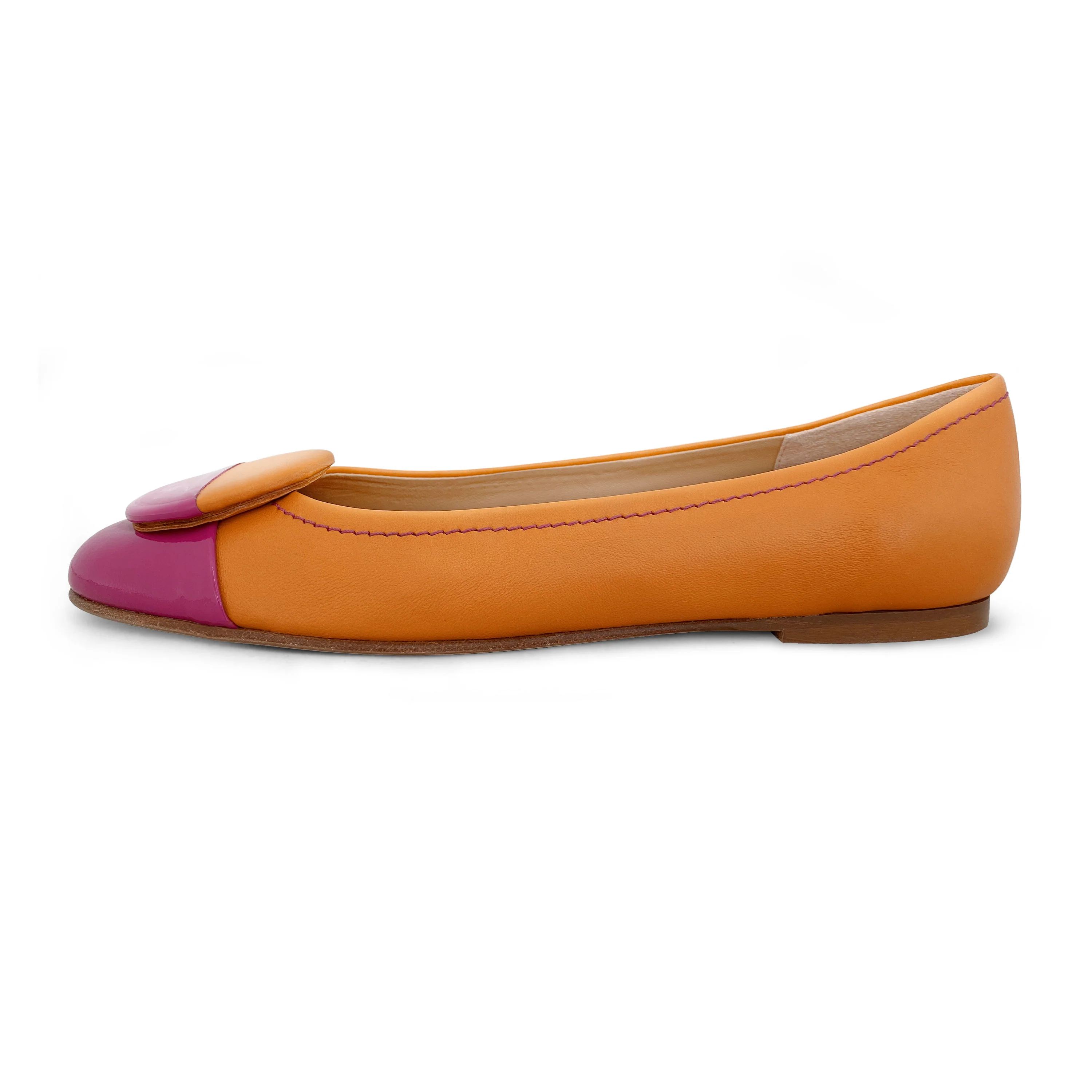 Orange leather ballet flats with fuchsia patent leather toe and stud - Image 3