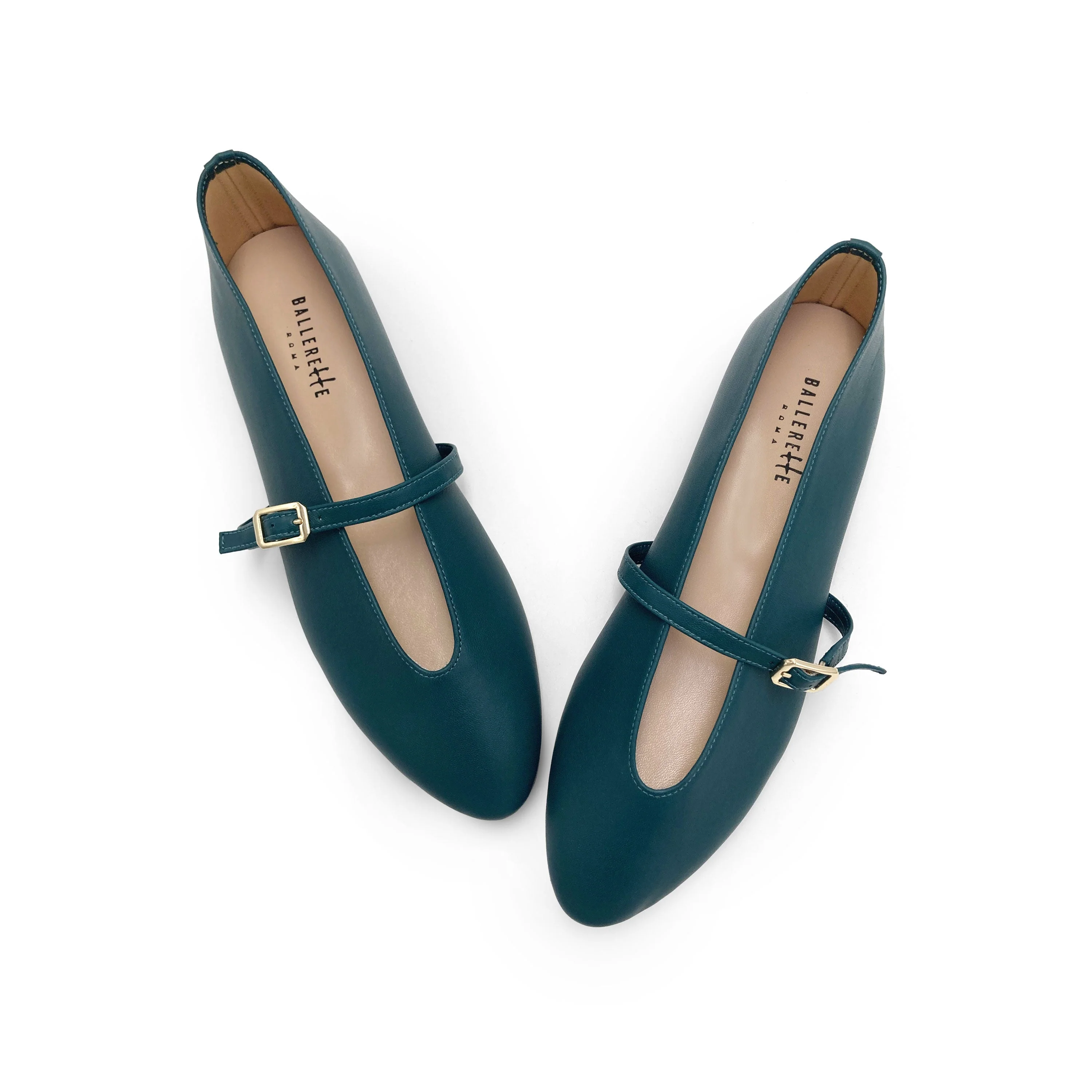 Petrol blue leather ballet flats with V-cut and strap - Image 2