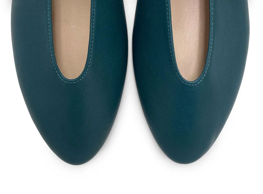 Petrol blue leather ballet flats with V-cut and strap - Image 6