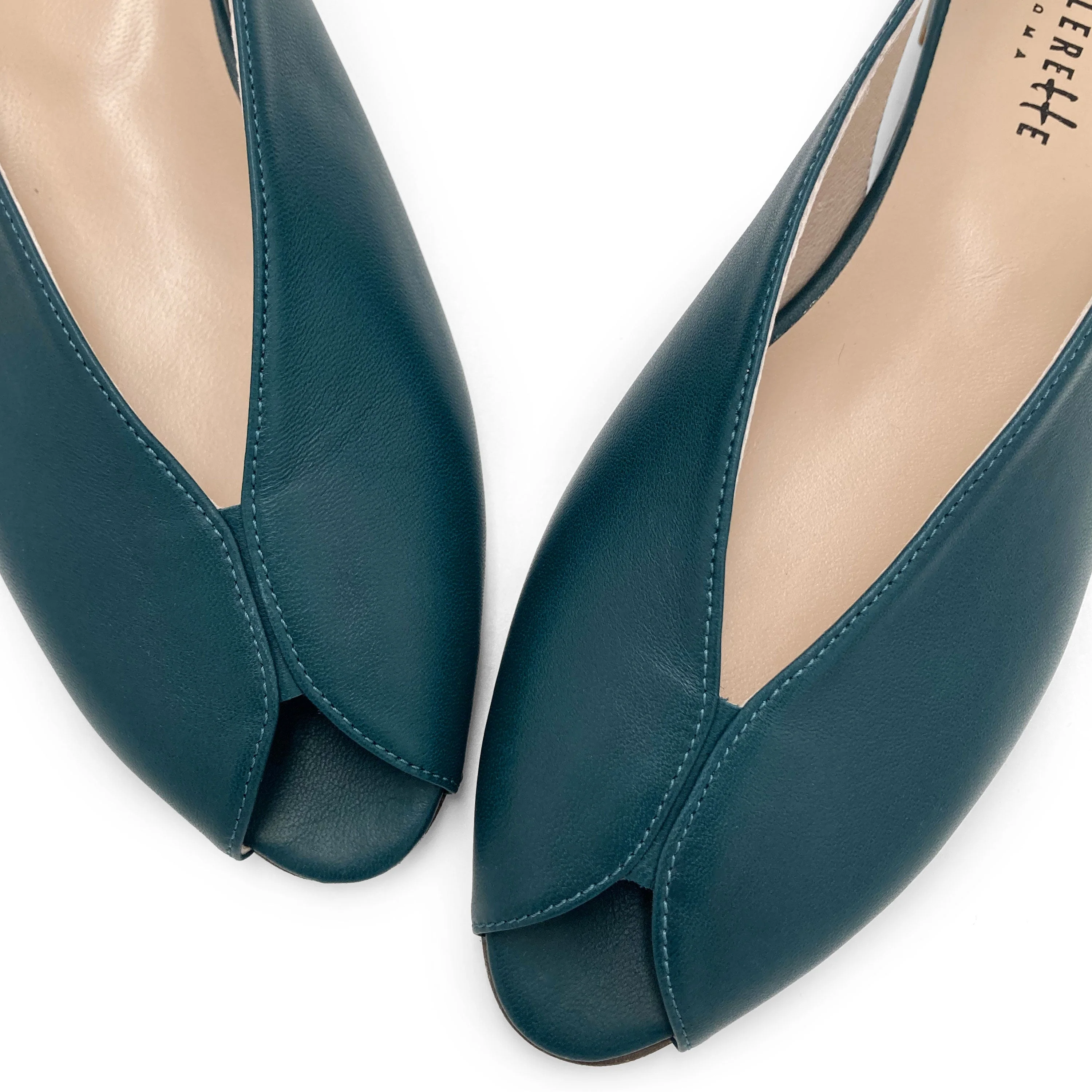 Petrol blue leather open-toe slingbacks - Image 4