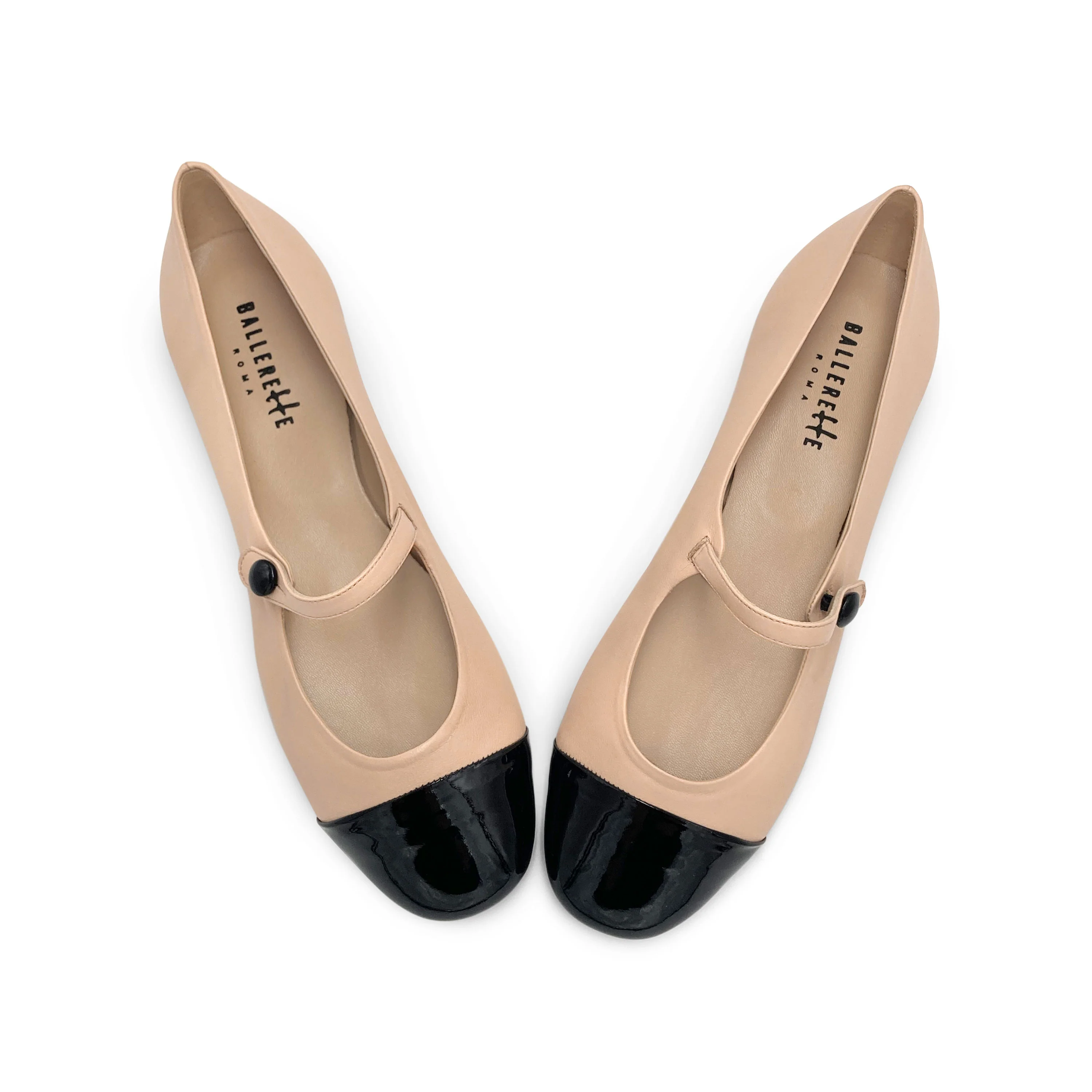 Powder pink ballet flats with black patent toe and strap - Image 2