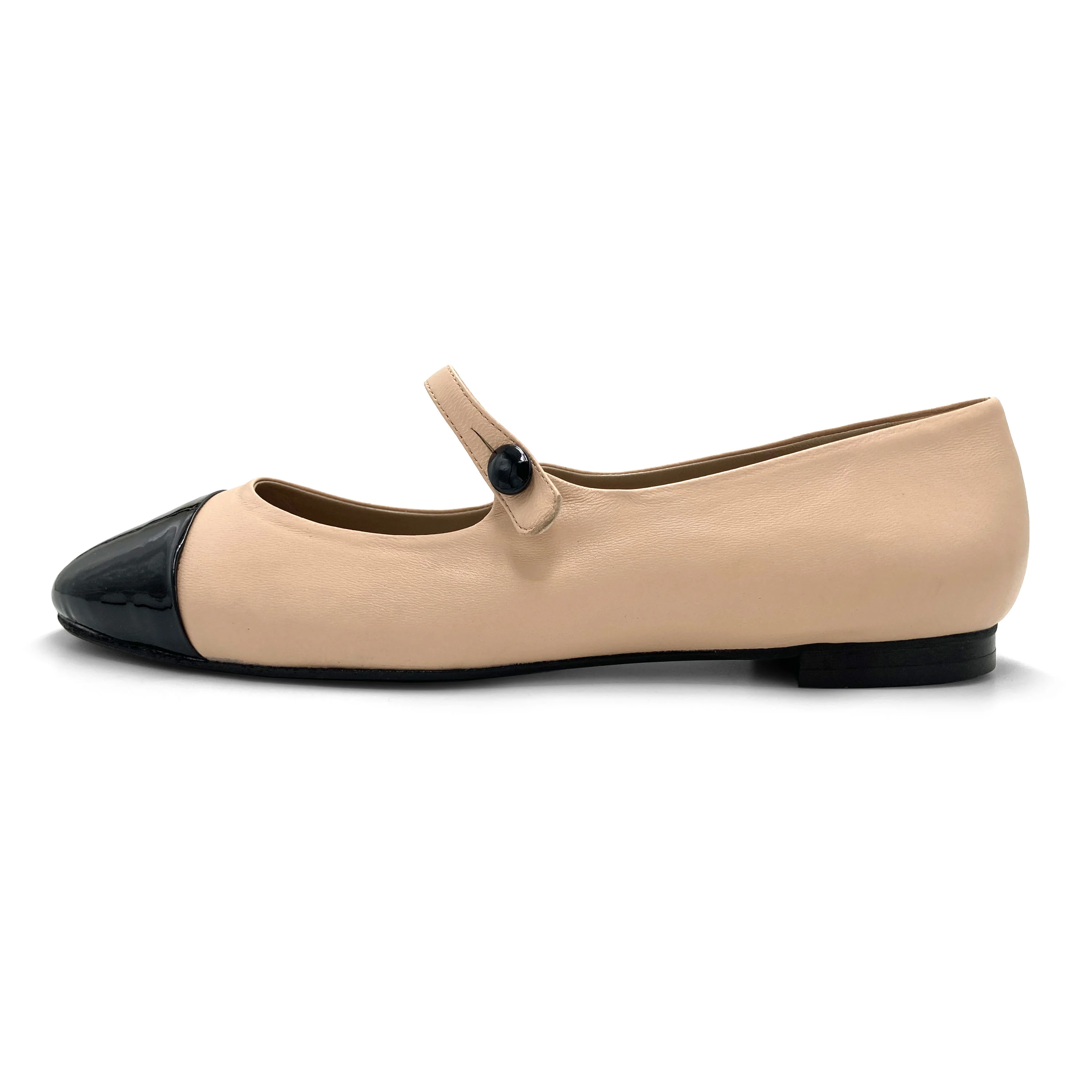 Powder pink ballet flats with black patent toe and strap - Image 4