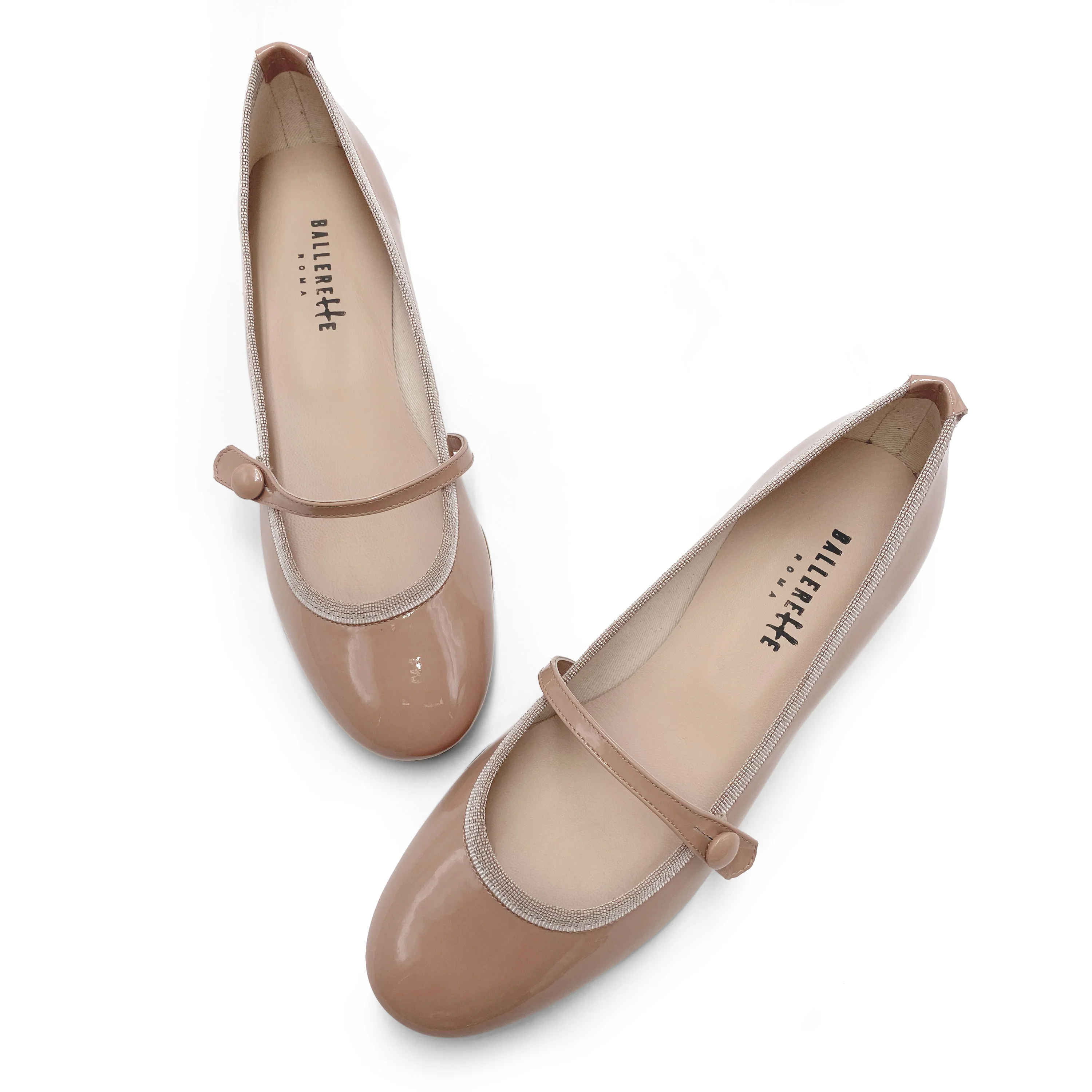 Powder pink patent leather ballet flats with strap and heel - Image 2