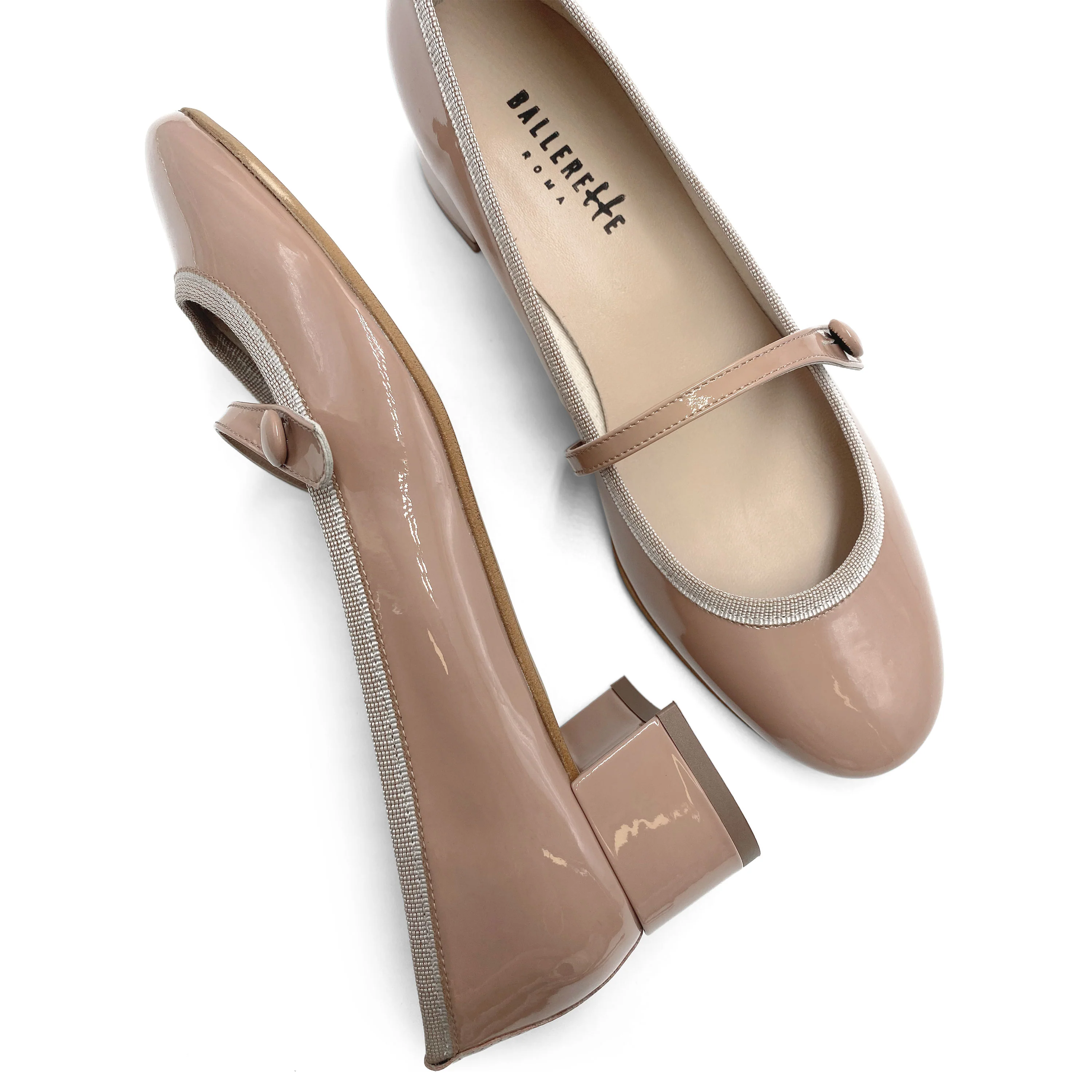 Powder pink patent leather ballet flats with strap and heel - Image 3