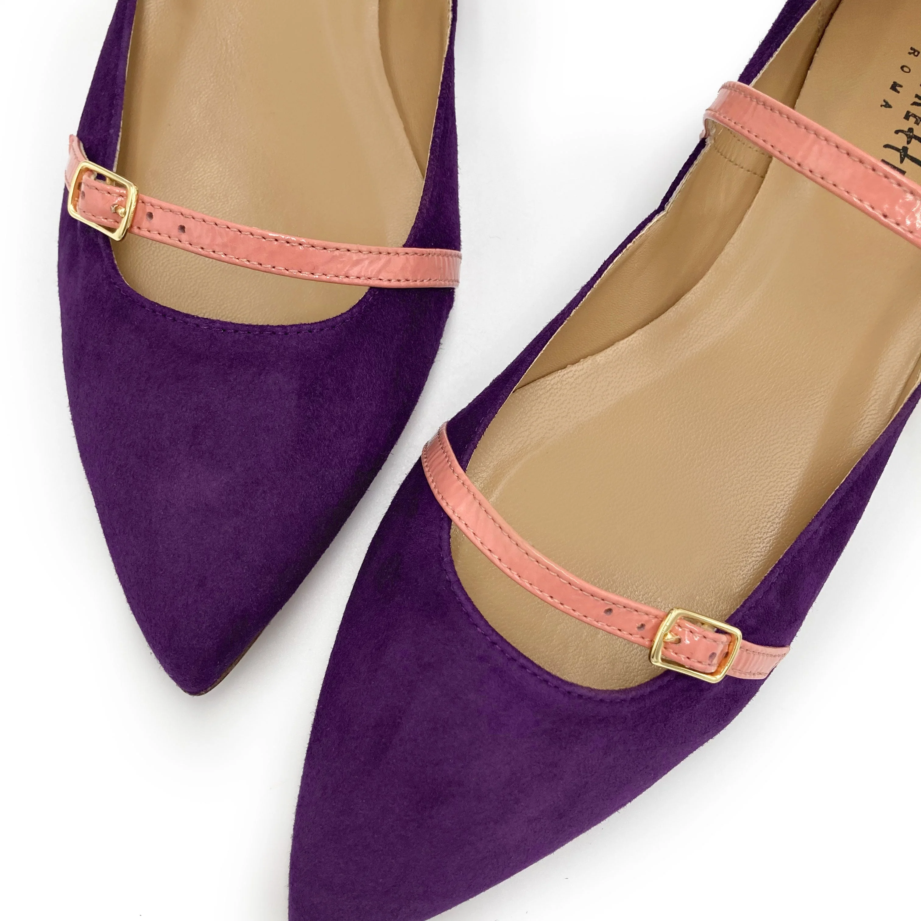Purple suede pointed ballet flats with pink straps - Image 3